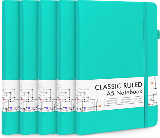 feela 5 Pack Notebooks Journals Bulk, Hardcover Notebook Classic Ruled Lined Journals with Pen Holder for Women Girls School Business Supplies, with 5 Black Pens, 120 GSM, 5.1”x8.3”, A5, Aqua