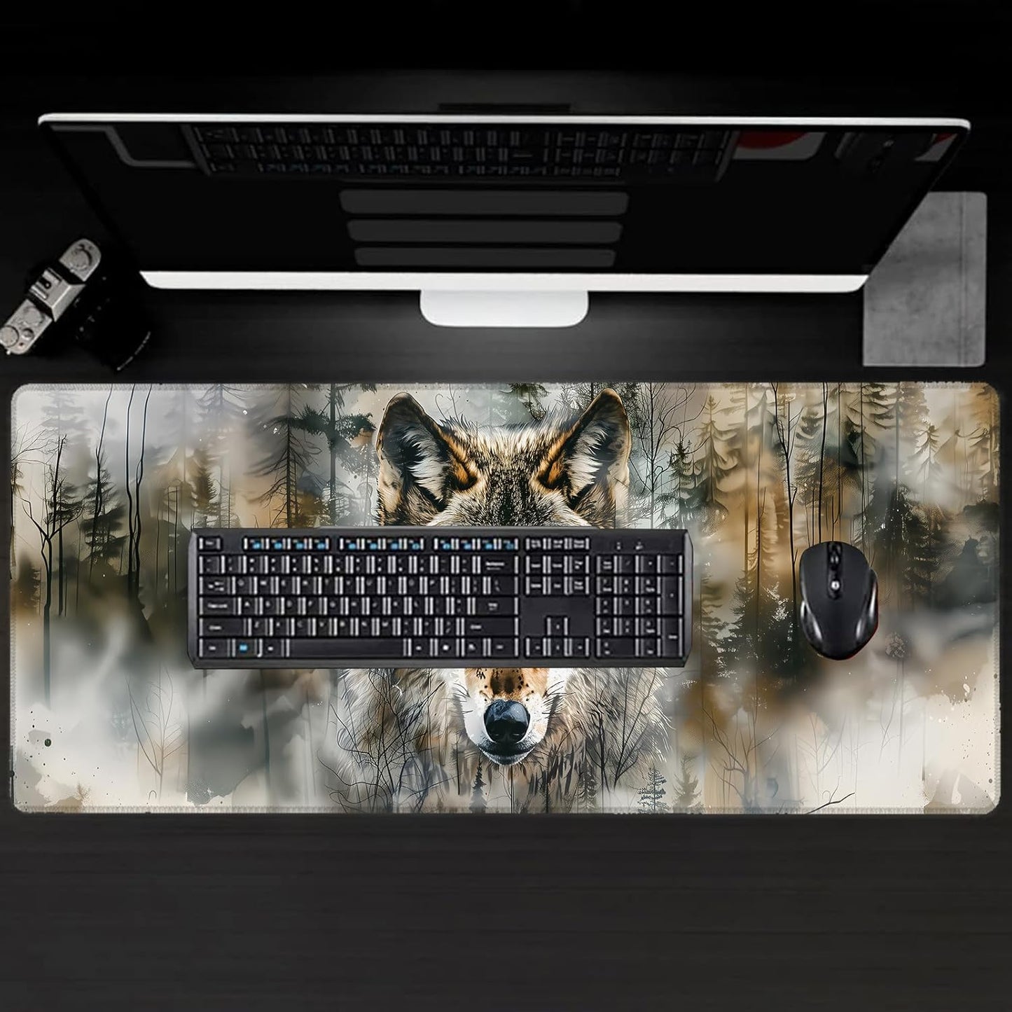 Cool Wolf Large Gaming Desk Mat,Rubber Non-Slip Majestic Forest Mouse Pad,31.5x11.8x0.12in Extended Wildlife Mousepad,Game Lover Mice Pads Gifts,Office Home Deskmat Decor