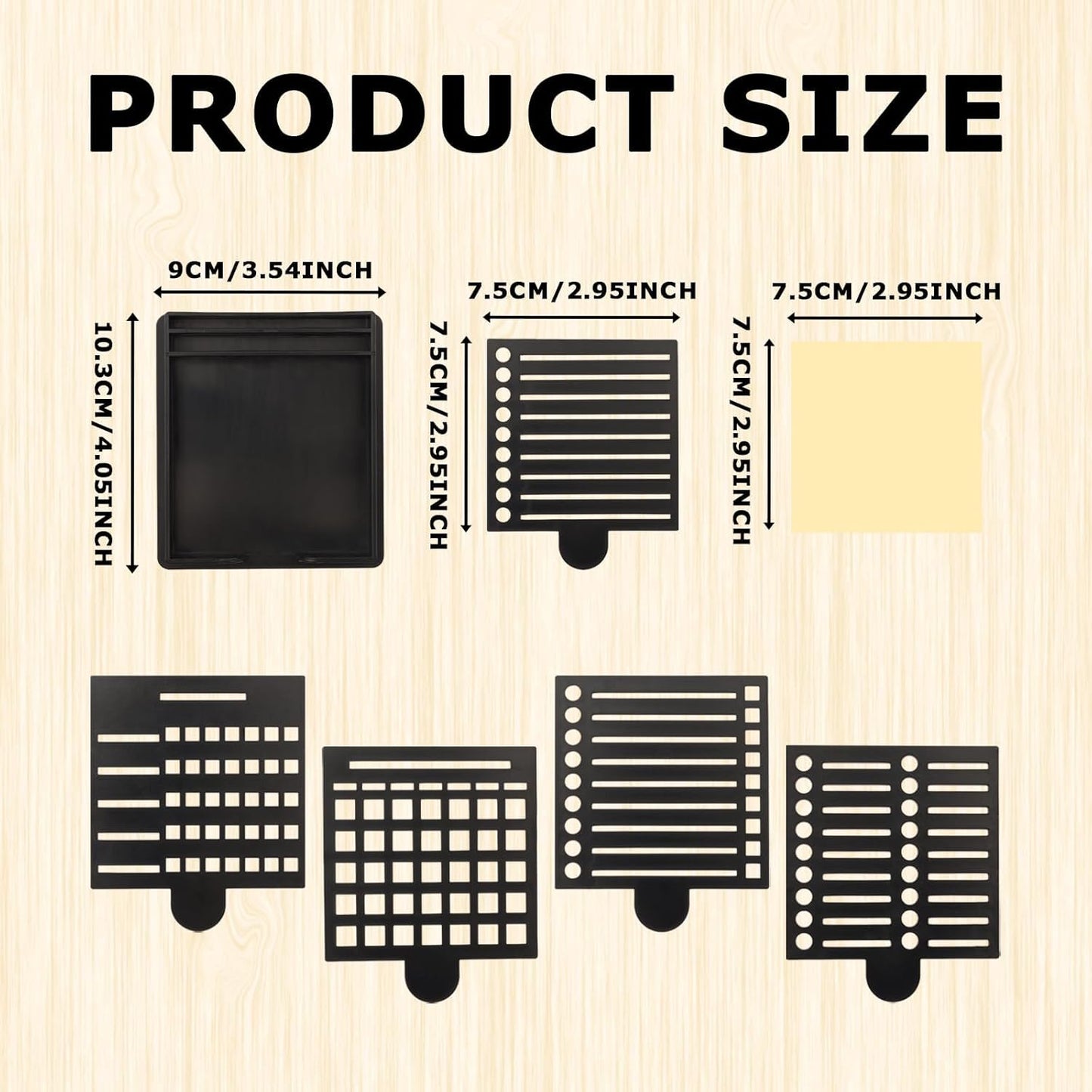 1PCS Sticky Note Holder with 5 Style Template & 1 Sticky Notes, 3.54X3.94 Sticky Note Stencil Dispenser for Post Note, Memo Pad Organizer with Five Line Box for Office and Home (Black)