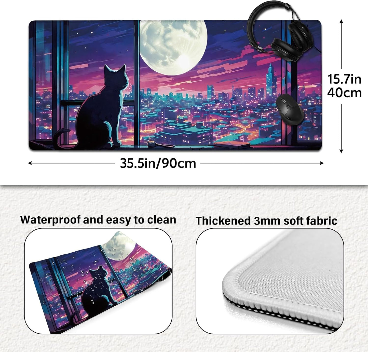 Cool Purple Moom Cat Mouse Pad, City Cats Busy Night Scene Mousead - Large Non-Slip Desk Mat for Office, PC, Laptop - 35.5"x15.7" x 3mm