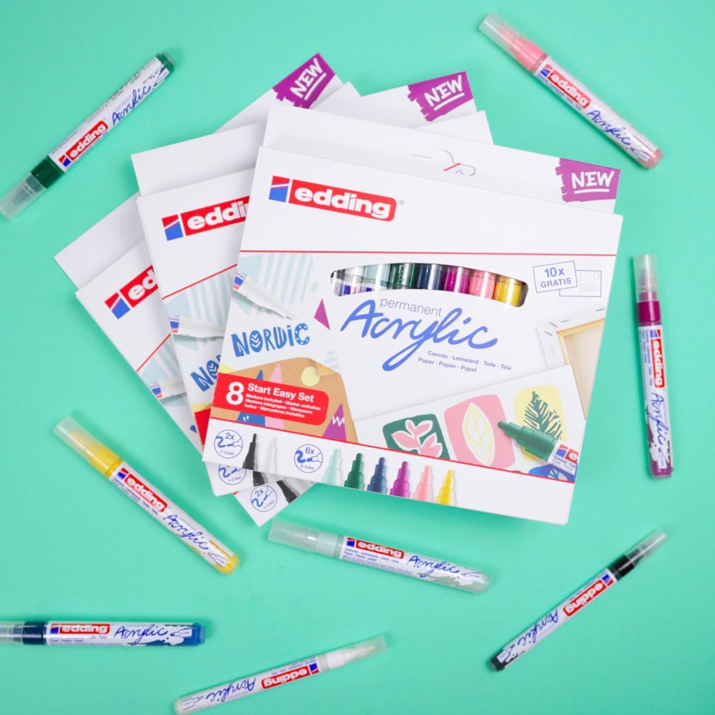 Edding Start Easy Set - Acrylic Paint Pens, Waterproof; Fine and Medium Nib, Incl. Postcard Pad - Set of 8 Pens - Nordic - For Canvas, Wood, Rock Painting