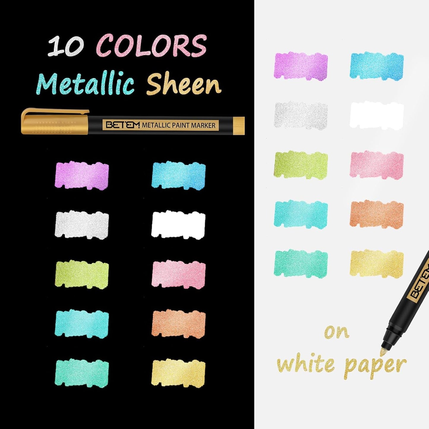 Betem Metallic Paint Markers, 10 Colors Acrylic Paint Markers for Black Paper, 2mm Medium Tips Metallic Glitter Pens for Scrapbooking, Rock Painting, Greeting Cards, Photo Albums, DIY Art Crafts