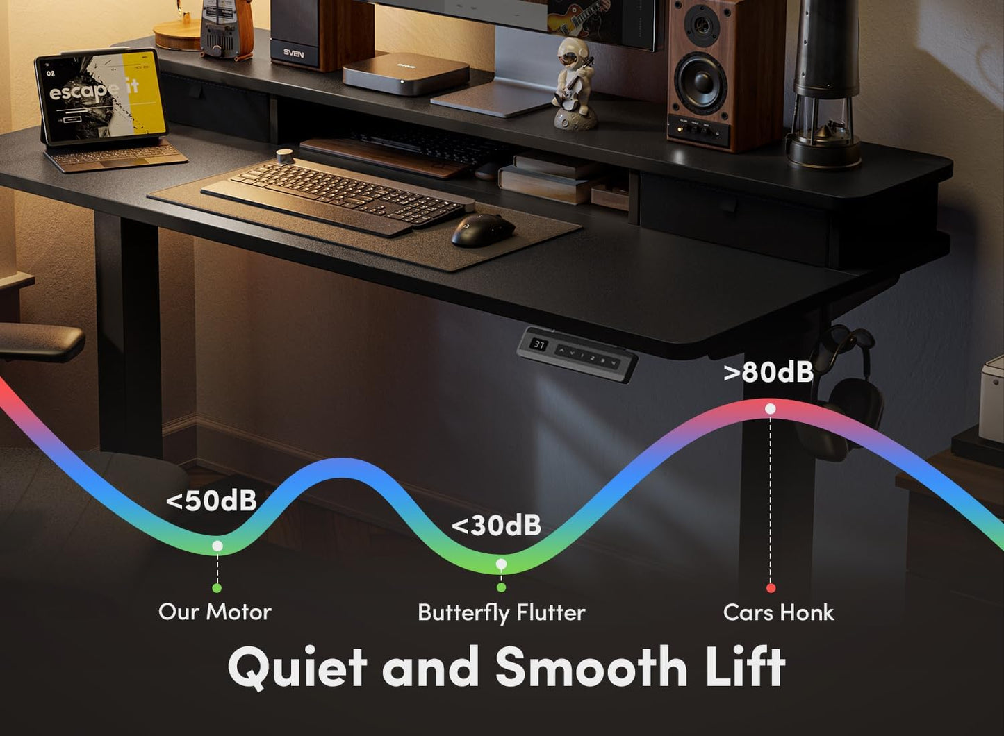 FEZIBO 40 x 24 Inch Height Adjustable Electric Standing Desk with Double Drawer, Computer Desk, Home Office Stand Up Table with 4 Height-Adjustable Feets & 2 Hooks, Black