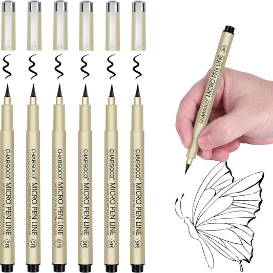 BR Micro Pen, 6 Pack Black Fine Point Pen with Waterproof Archival Ink, 1-5mm Fineliner Ink Pens for Artist Illustration, Sketching, Anime, Manga, Technical Drawing and Scrapbooking