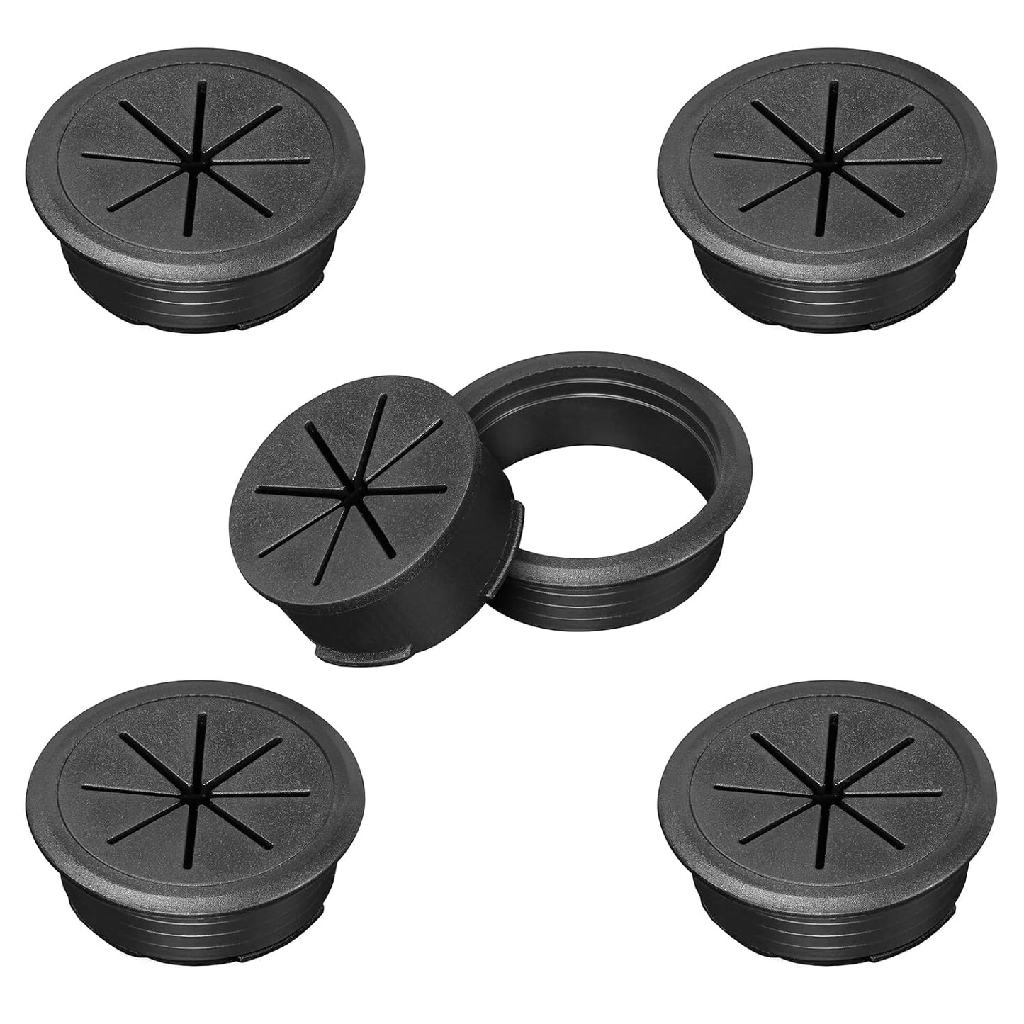 2" Black Desk Grommet, JTemgle Flexible Cable Grommet Plastic Cable Hole Cover Wire Organizer Caps Desktop Cord Management for Home Office TV Stands Tabletops, 5 Pieces
