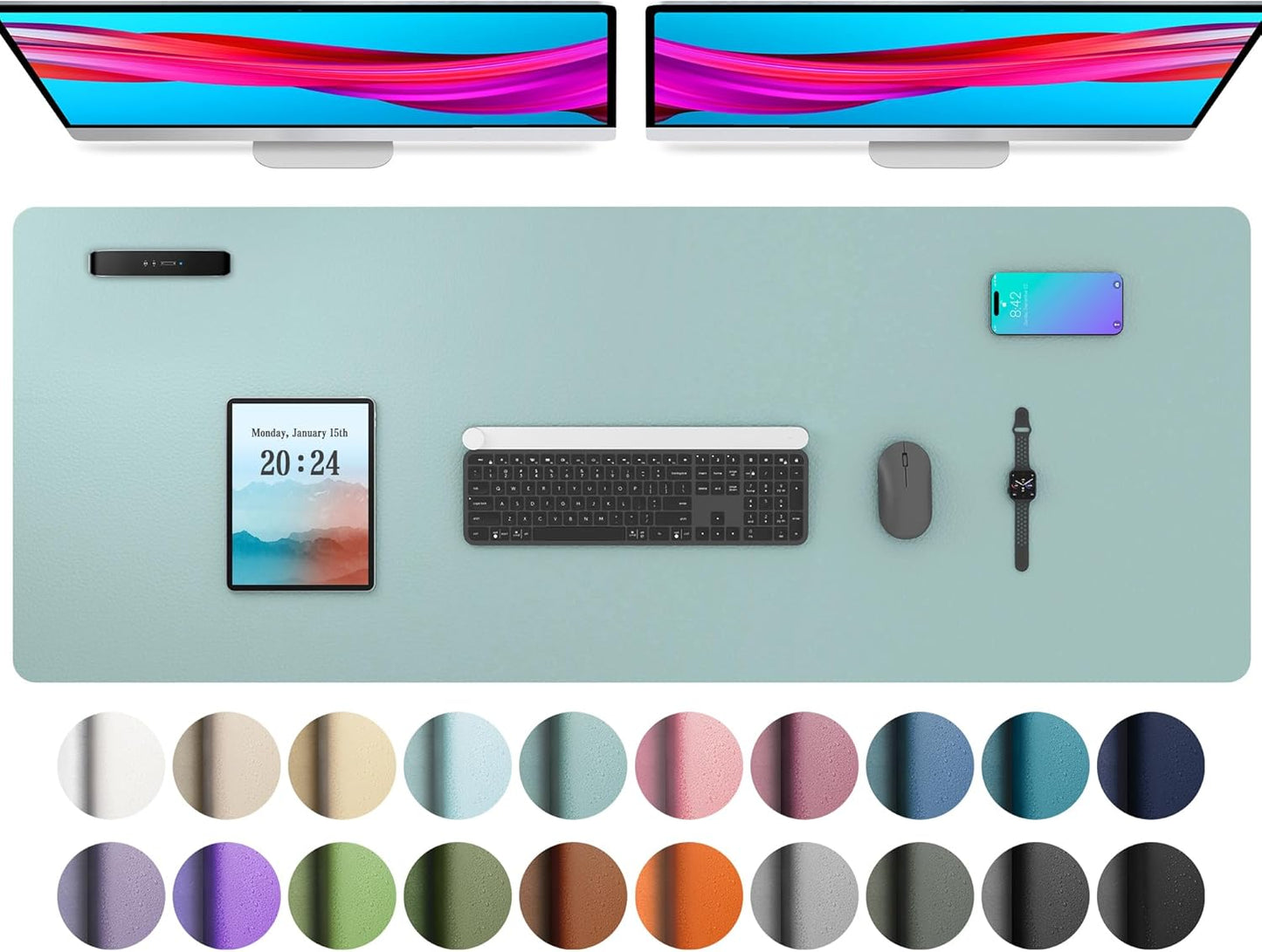 Aothia Leather Desk Pad Protector, Mouse Pad, Office Desk Mat, Non-Slip PU Leather Desk Blotter, Laptop Desk Pad, Waterproof Desk Writing Pad for Office and Home (48"x17", Light Blue)