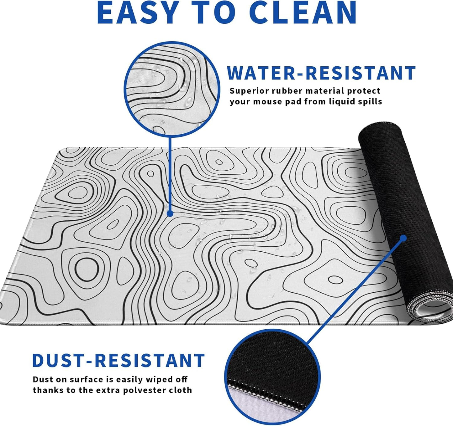 Topographic Contour Gaming Mouse Pad White Large Mouse Pad for Keyboard and Mousepad Desk Mat with 3mm Non-Slip Base and Stitched Edge for Gaming and Office Computer Mat Protector Mat 31.5x11.8 Inch