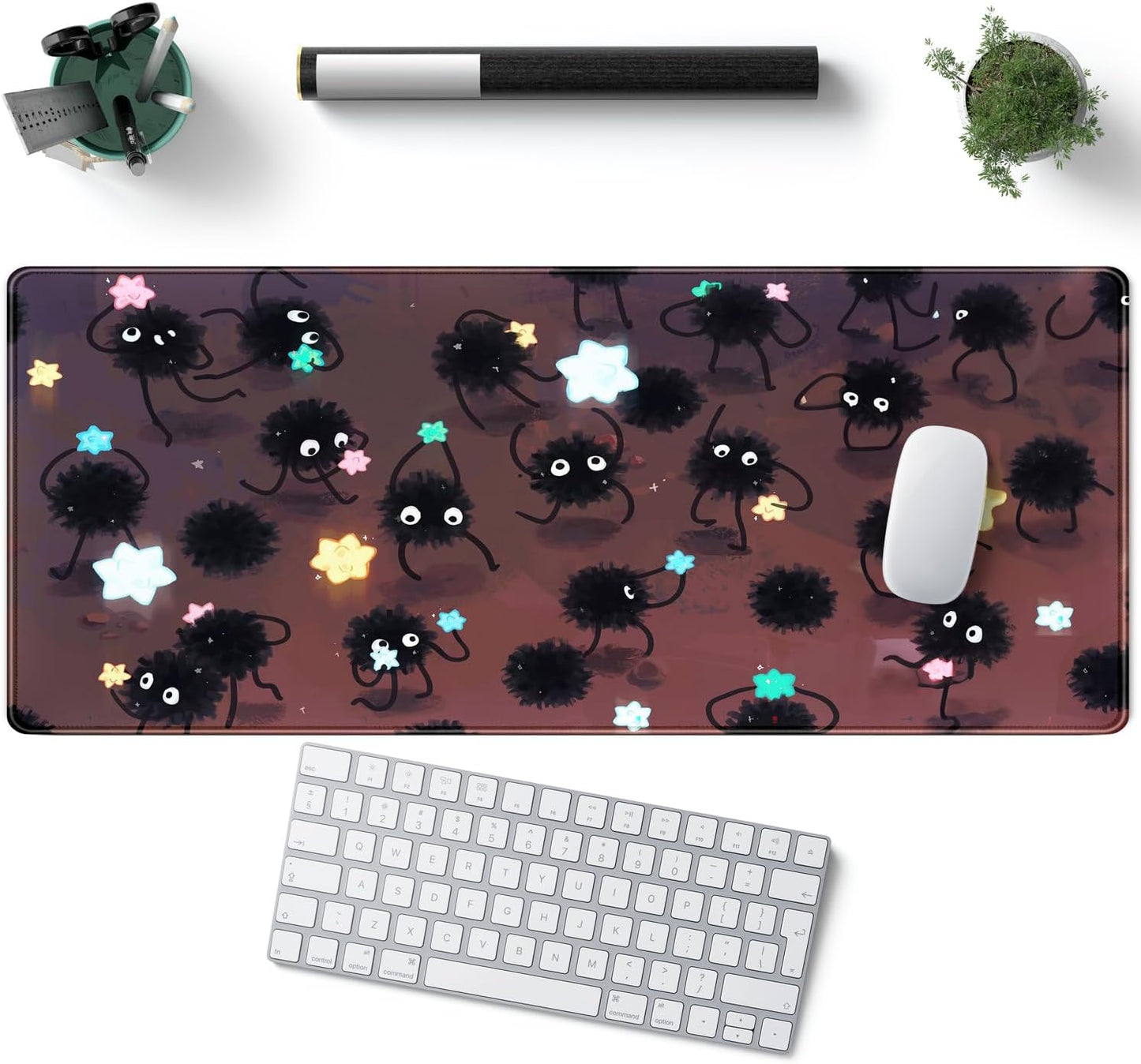 Desk Pad Anime Black Pom Poms Gaming Mouse Pad Large Star Designs Desk Office Decor Exclusive Beautiful Girls Mouse Pad for Women Desktop with Stitched Edges Non-Slip Computer Mat 31.5x11.8In