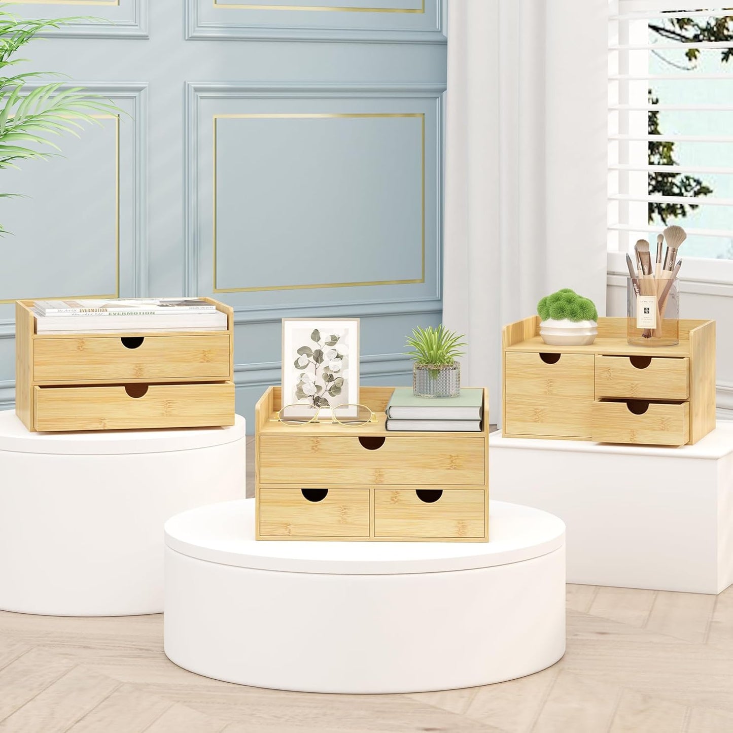 Wisuce Bamboo Desk Drawer Organizer, 3 Drawer Desktop Organizer with Drawers Tabletop Storage Organization Box for Office Home Toiletries Supplies Vanity, No Assembly Required