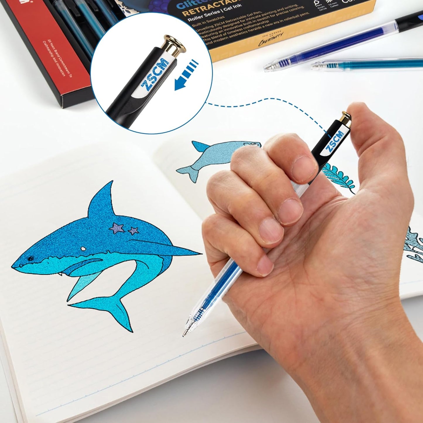 Retractable Glitter Gel Pens, 12 Colors Large Capacity Blue Glitter Metallic Gel Ink Pen, 1 mm Fine Point Smooth Writing Color Pens for Adult Coloring Book Note Taking Aesthetic Art Supplies