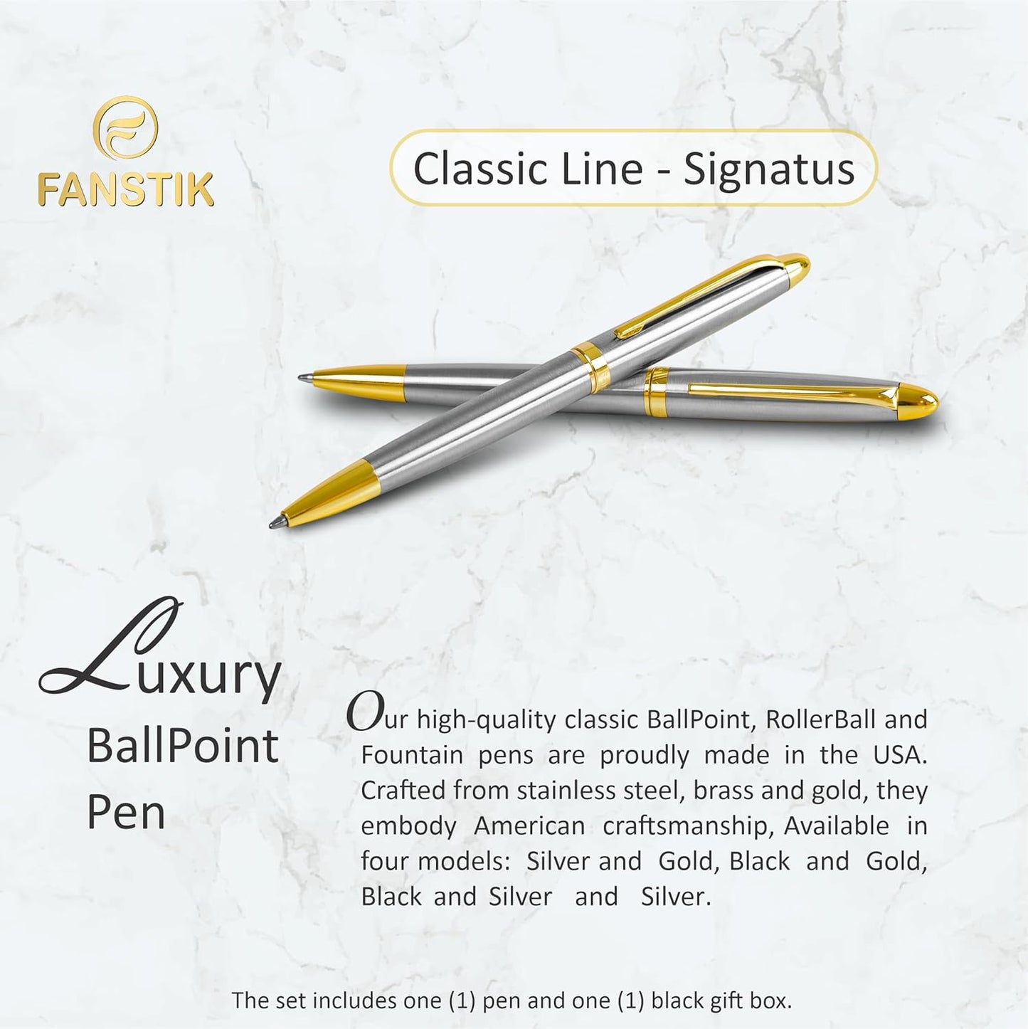 Customized BallPoint pen with name (MADE IN USA), stainless steel, Silver and gold, luxury engraved pen personalized for men and for women. (BallPoint Silver-Gold)