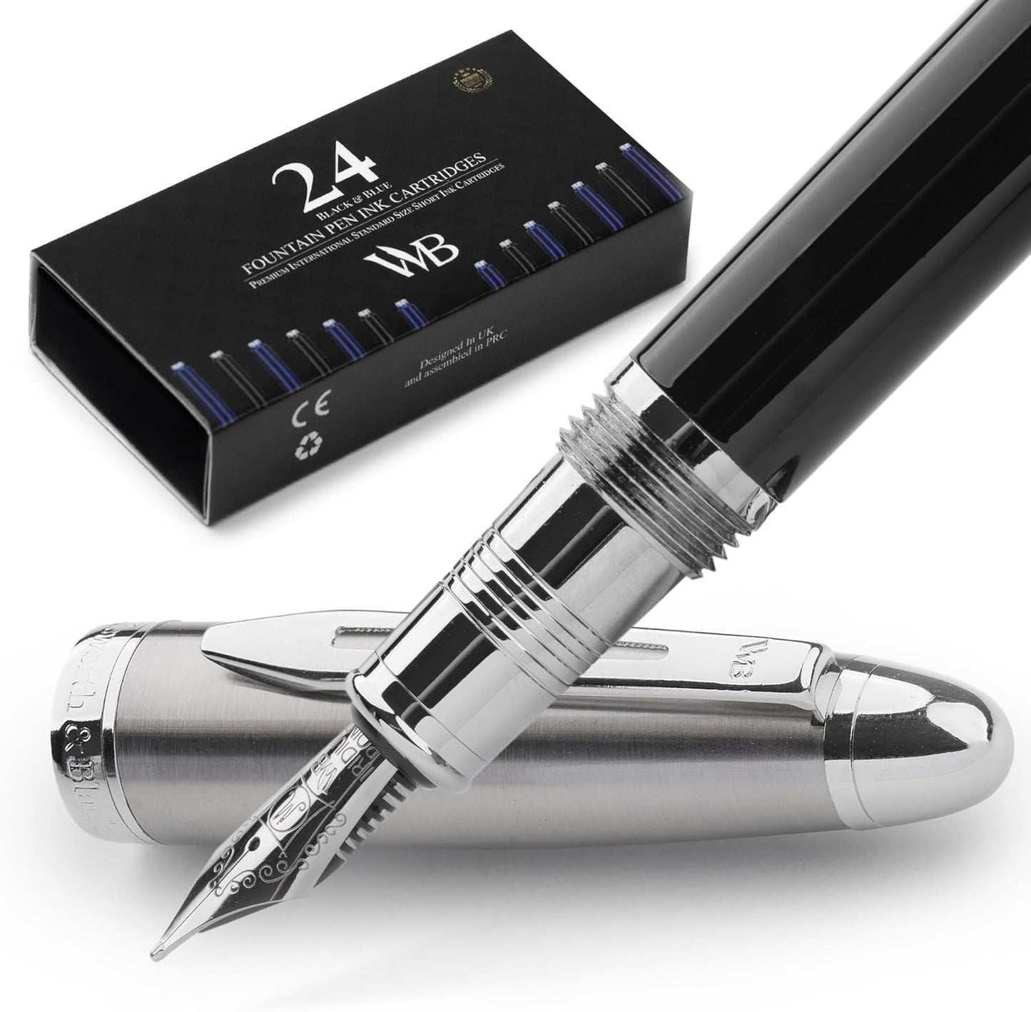 Wordsworth & Black Majesti Fountain Pen-(Black Chrome), Luxury Case, Stainless Steel; Medium Nib- Ink Cartridges, Refillable Ink Converter-Calligraphy Pen-Best Business Gift Set for Men & Women