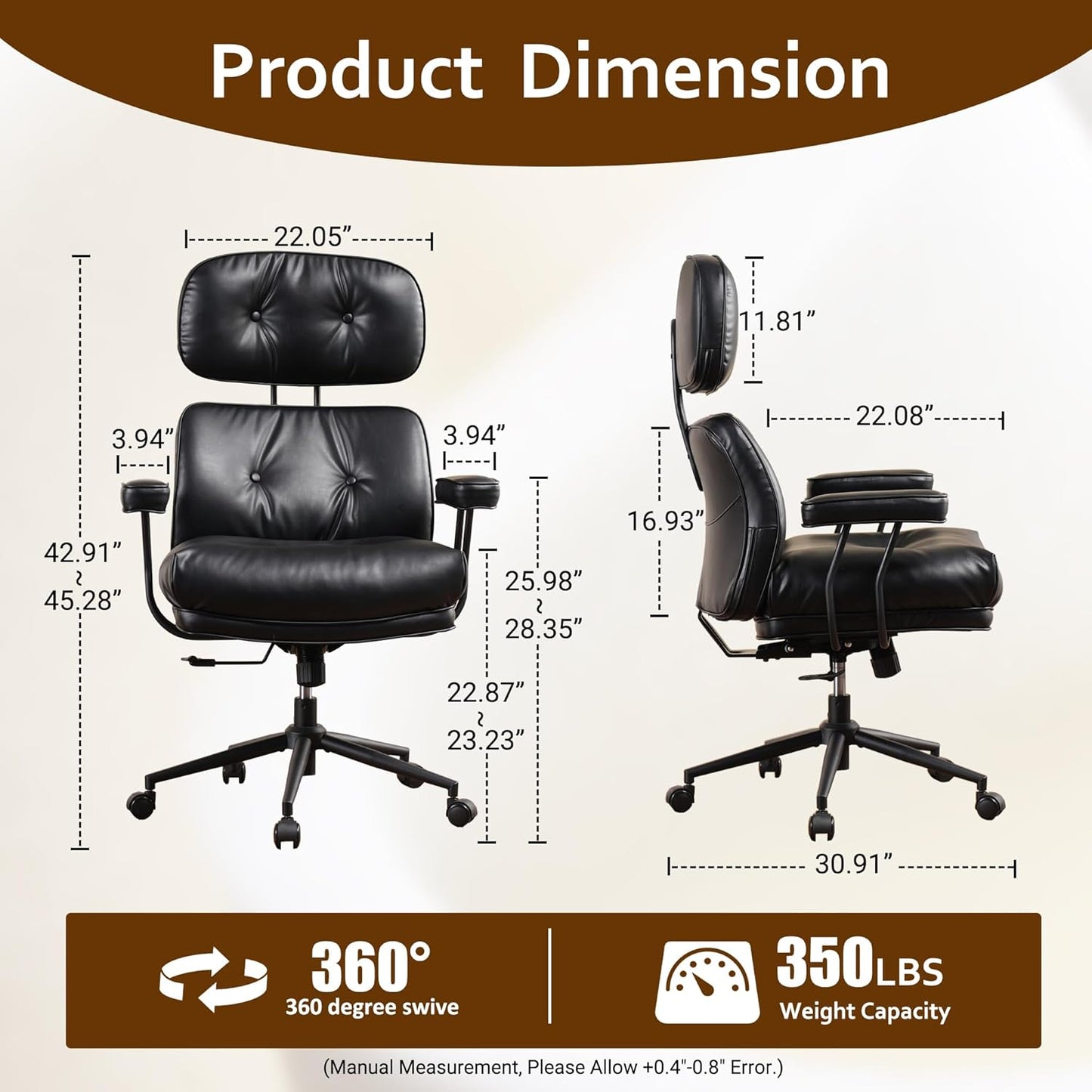 Faux Leather Executive Office Chair - Big and Tall Ergonomic Home Office Chair,Reclining Computer Desk Chair with Lumbar Support,Adjustable Task Chair Swivel Rolling PC Chair with Wheels,Black,PU
