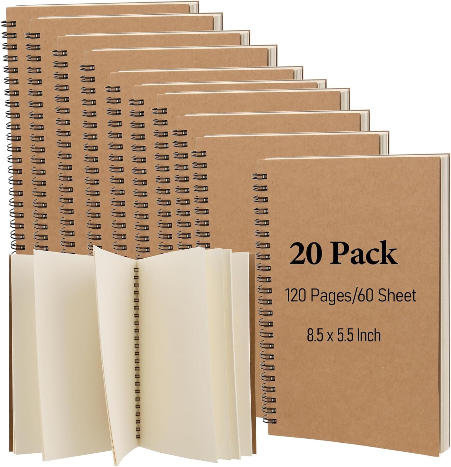 20 Pack A5 Unlined Spiral Notebook, 120 Pages/60 Sheets Softcover Kraft Blank Stketch Book Journal Notebook, Sketch Padfor Drawing, Sketching, Writing, 8.3 x 5.5 inch