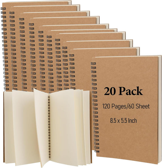 20 Pack A5 Unlined Spiral Notebook, 120 Pages/60 Sheets Softcover Kraft Blank Stketch Book Journal Notebook, Sketch Padfor Drawing, Sketching, Writing, 8.3 x 5.5 inch