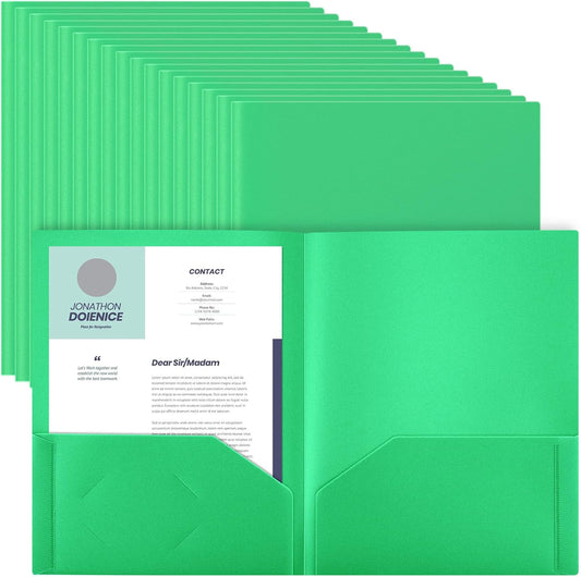 Gueevin 50 Pcs Plastic Folders with Pockets, Back to School Two Pocket Folder Fit Letter Size, Heavy Duty School Business Card Holder for Home Office, 11. 61 x 9. 45 Inches (Green)