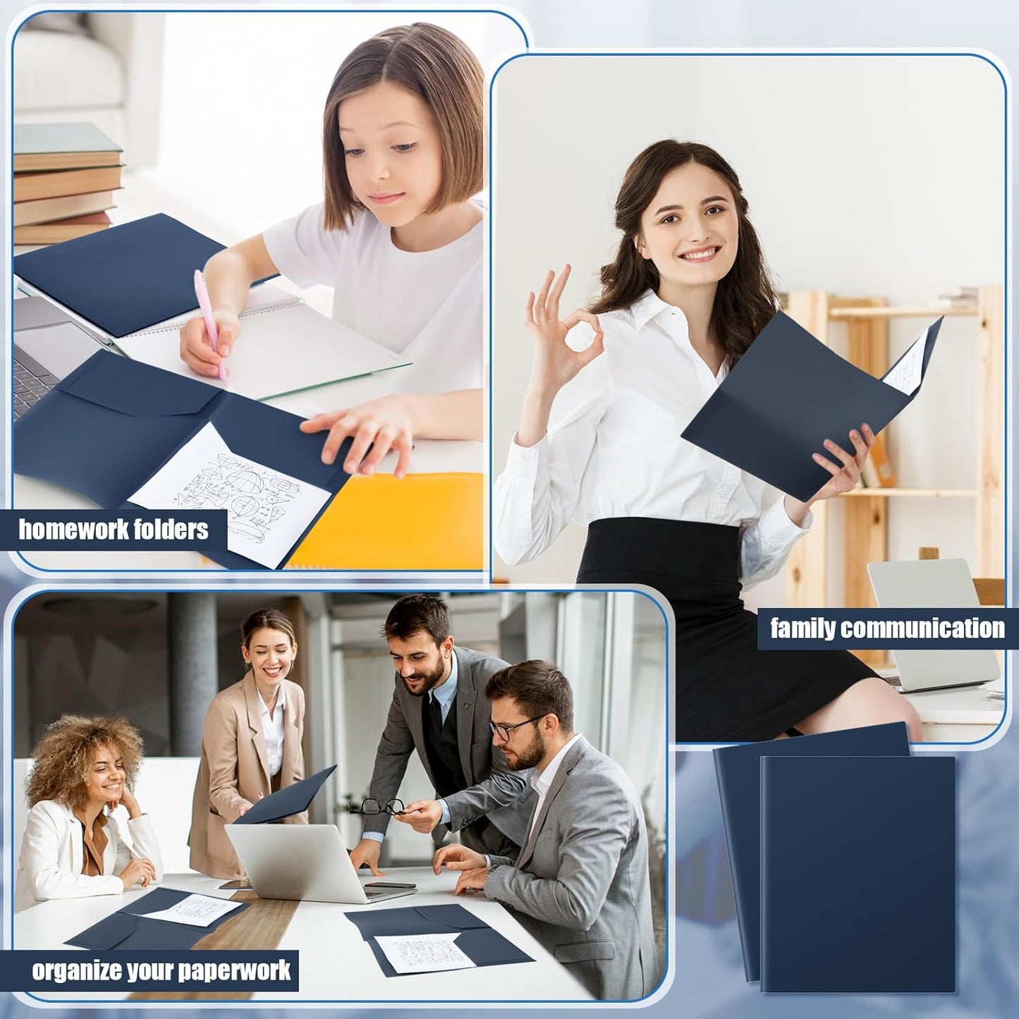 Gueevin 150 Pcs Plastic Folders with Pockets, Two Pocket Folder Fit 8.5 x 11 Inch Letter Size Paper, Heavy Duty School Folders Business Card Holder for Home Office School Bussiness (Dark Blue)