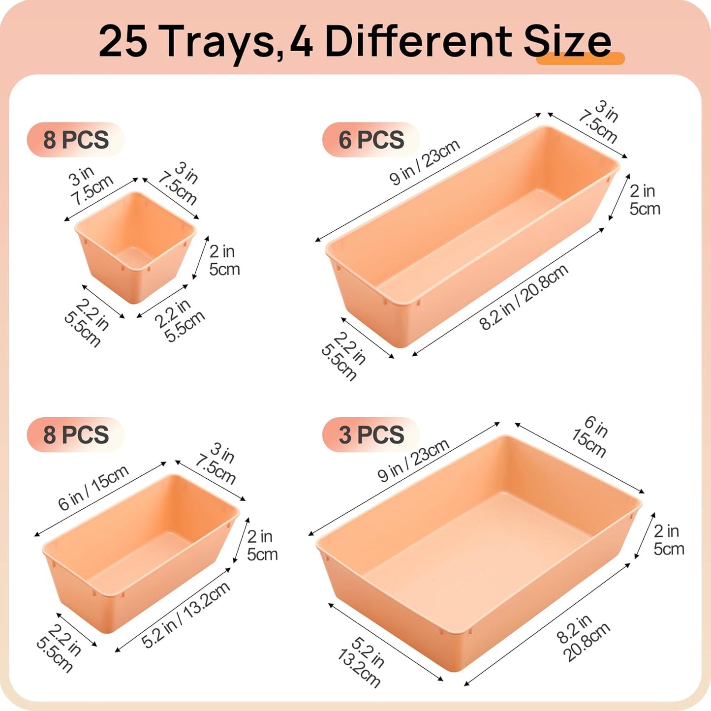 Vtopmart 25 PCS Plastic Drawer Organizers Set, 4-Size Versatile Bathroom and Vanity Drawer Organizer Trays, Storage Bins for Makeup, Bedroom, Kitchen Gadgets Utensils and Office