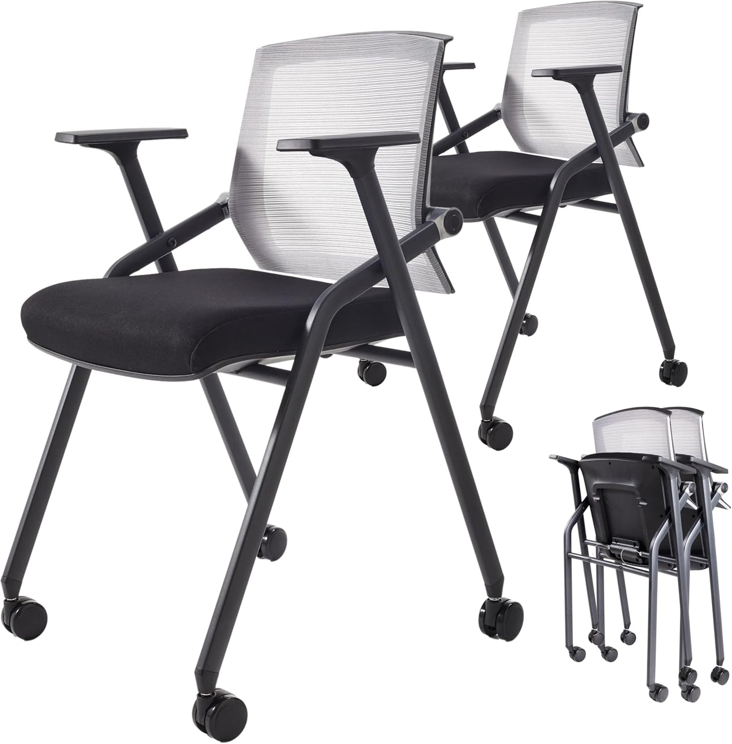 2 Pack Stackable Conference Room Chairs with Paddle Folding Office Chair Foldable Desk Chair Mesh Back and Arms for Conference Meeting Guest Reception Home Office Training Room Chair