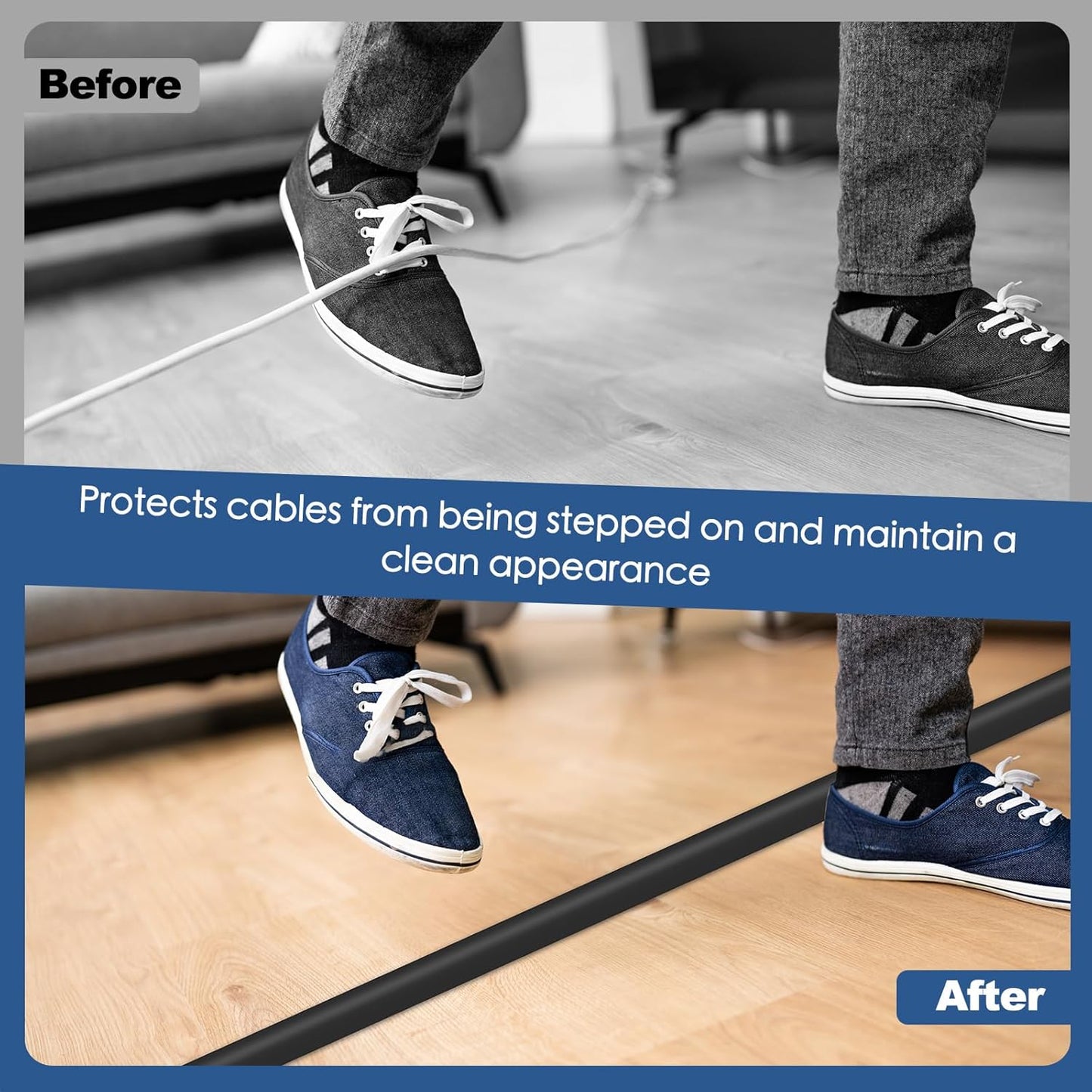 Floor Cord Cover for Wires on Floor Self Adhesive Cord Hider Floor Cable Management Wire Covers for Cords Protector Prevent Cable Trips Cord Cavity W 0.59" x H 0.31", Black, 3.3Ft