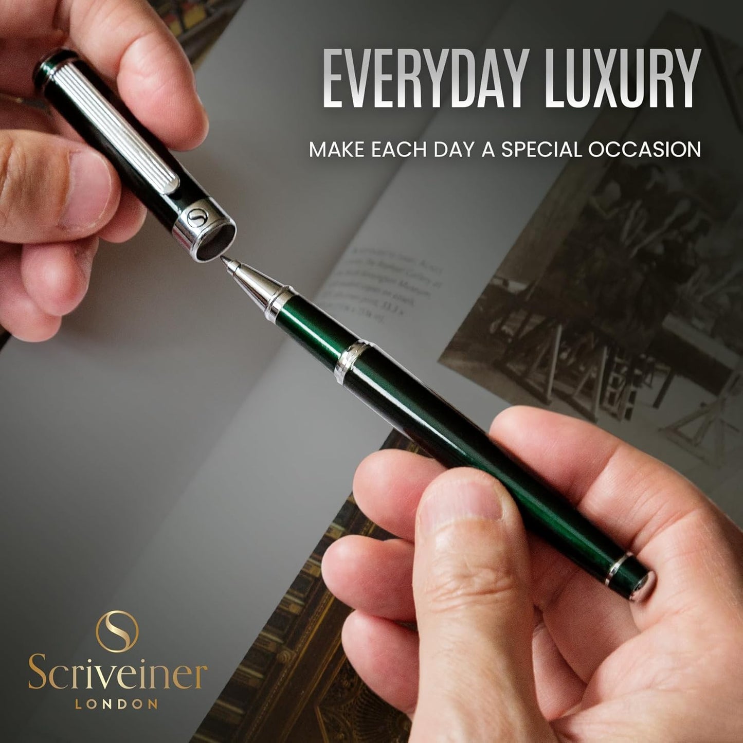Scriveiner Personalized British Racing Green Pen - Stunning Green Lacquer Luxury Pen with Chrome Finish, Schmidt Ink Refill, Best Engraved Roller Ball Gift Set for Men & Women, Custom Name Engraving