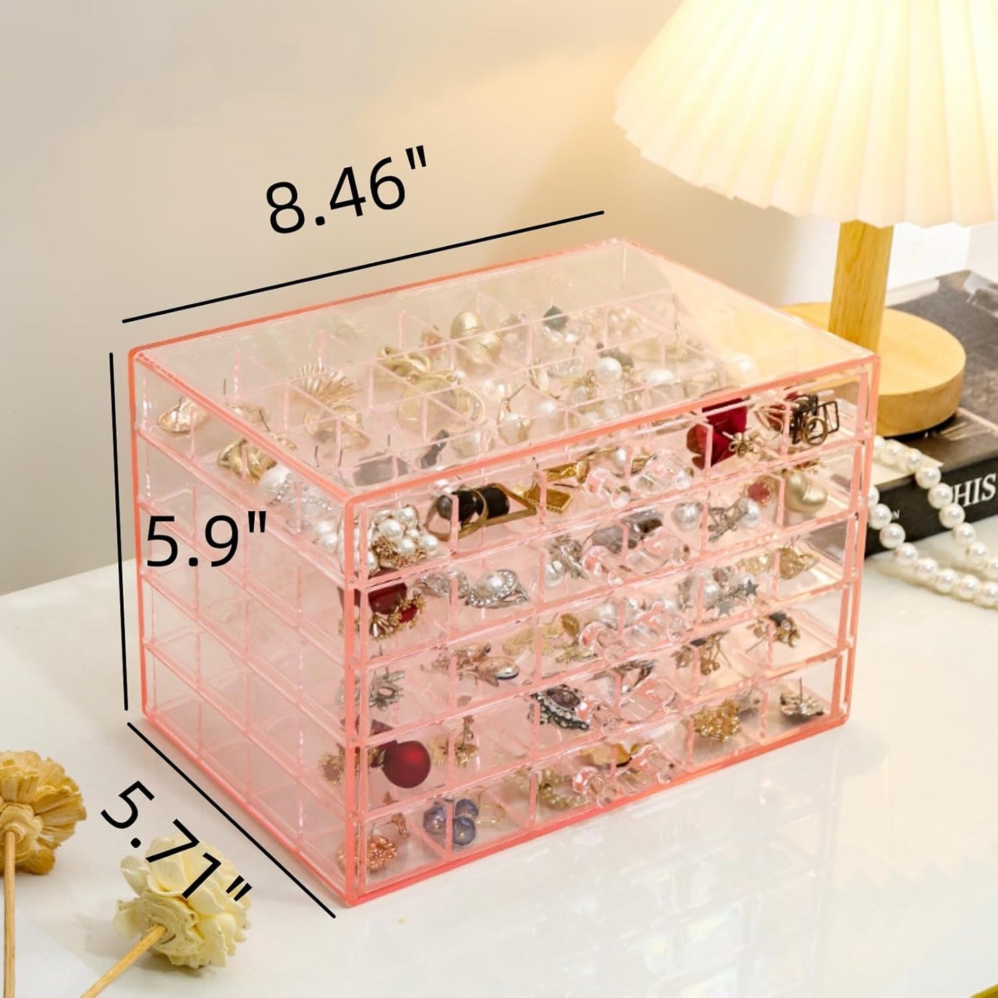 Feadily Acrylic Jewelry Organizer Box, Jewelry Drawer Organizer With 5 Drawers 120 Grids, Pink