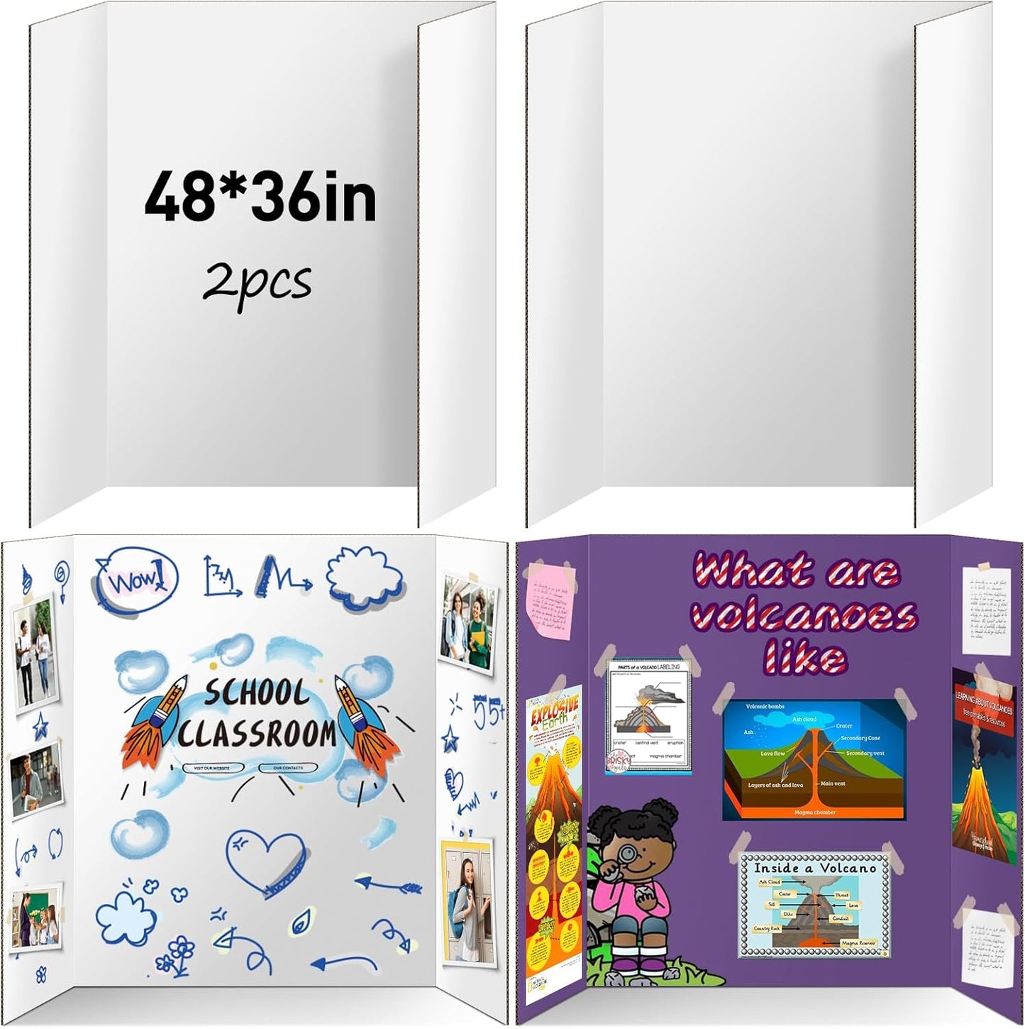 2 Pack Trifold Poster Board 48" X 36", IKAYAS Double Sided White Poster Boards, Science Fair Display Boards Posterboard Foamboard for Mounting, Prints,Art,Display,Projects Classroom Supplies