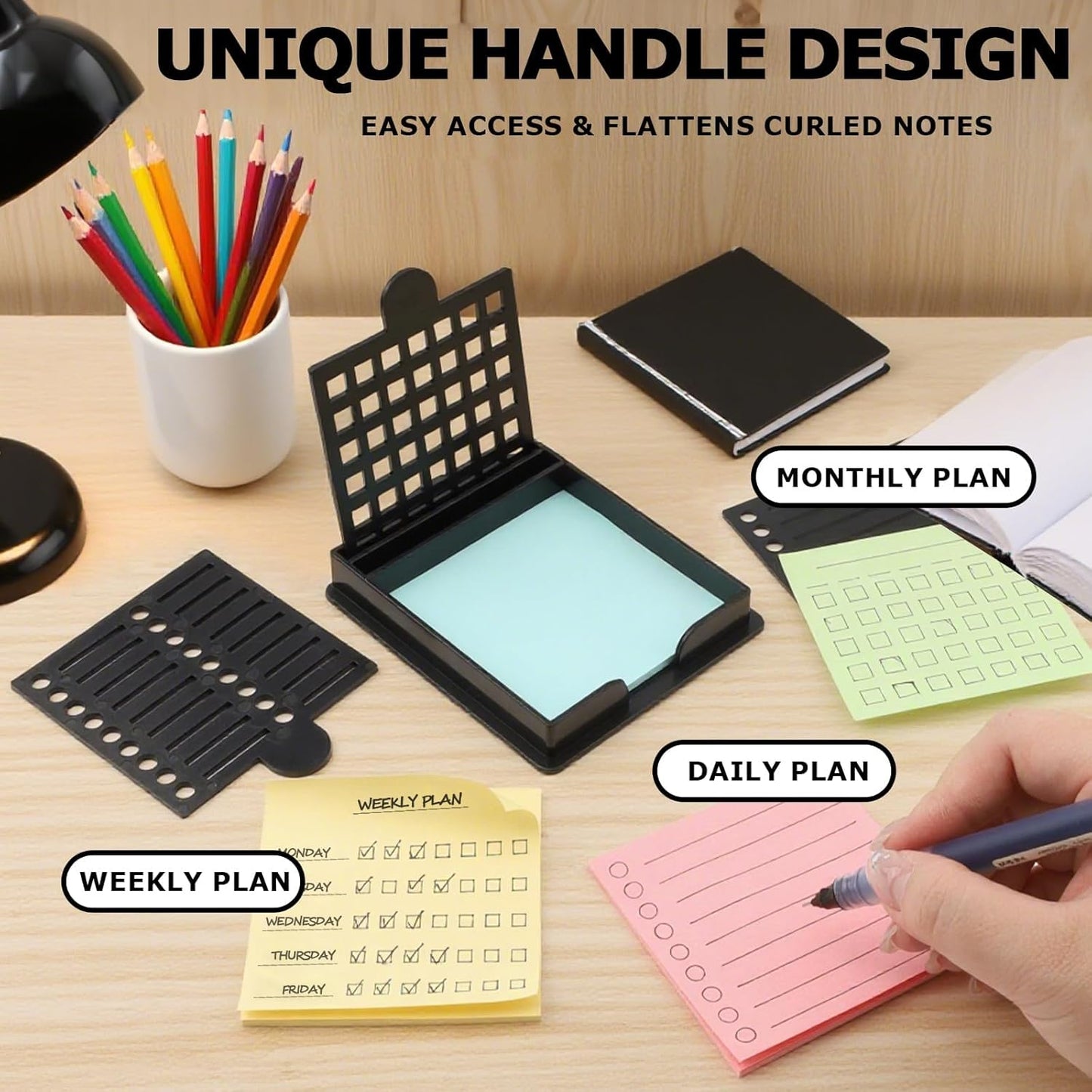 1PCS Sticky Note Holder with 5 Style Template & 1 Sticky Notes, 3.54X3.94 Sticky Note Stencil Dispenser for Post Note, Memo Pad Organizer with Five Line Box for Office and Home (Black)