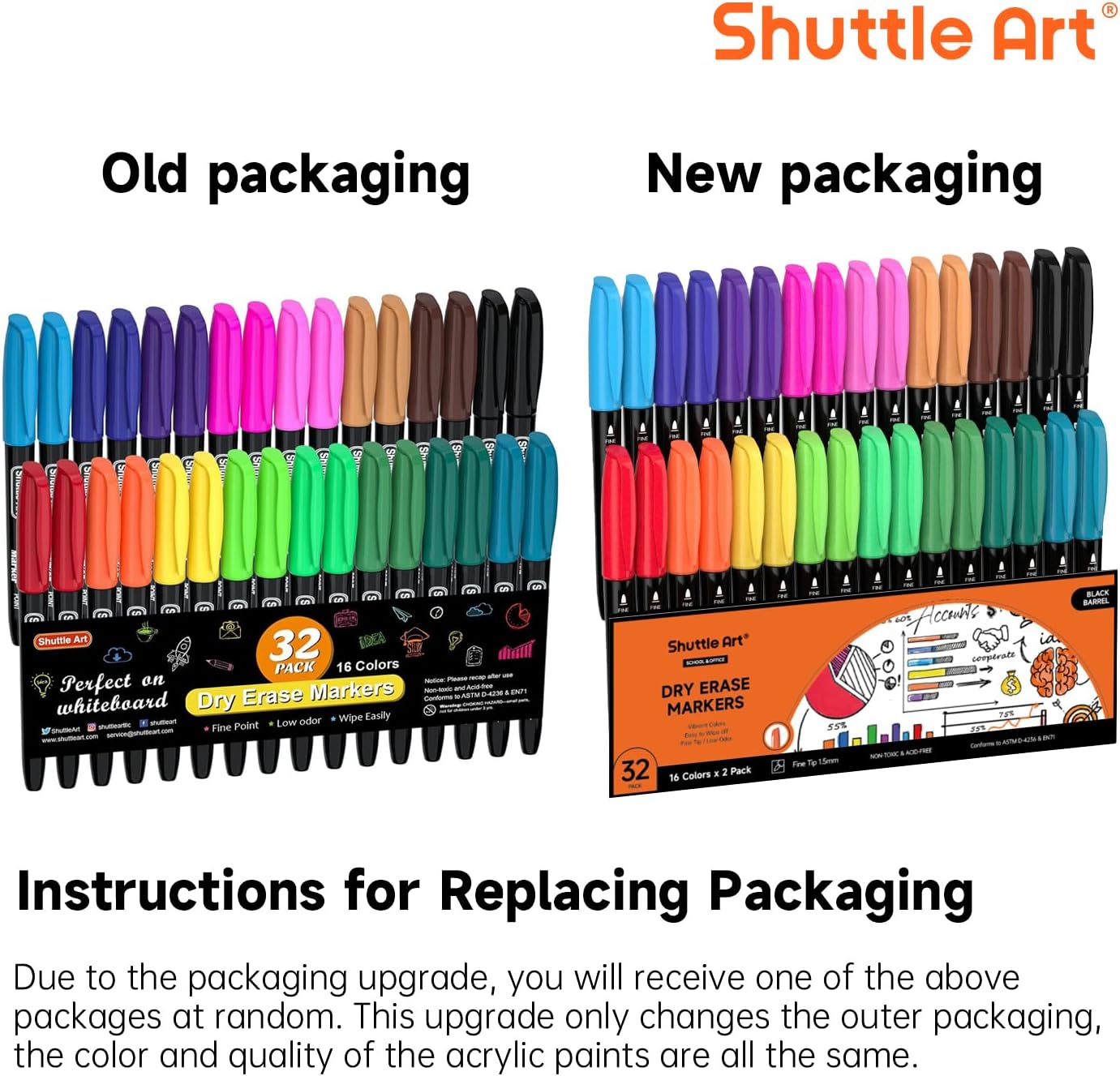 Shuttle Art Dry Erase Markers, 32 Pack 16 Colors Whiteboard Markers,Fine Tip Dry Erase Markers for Kids,Perfect For Writing on Whiteboards,Dry-Erase Boards,Mirrors,Calender,School Office Supplies