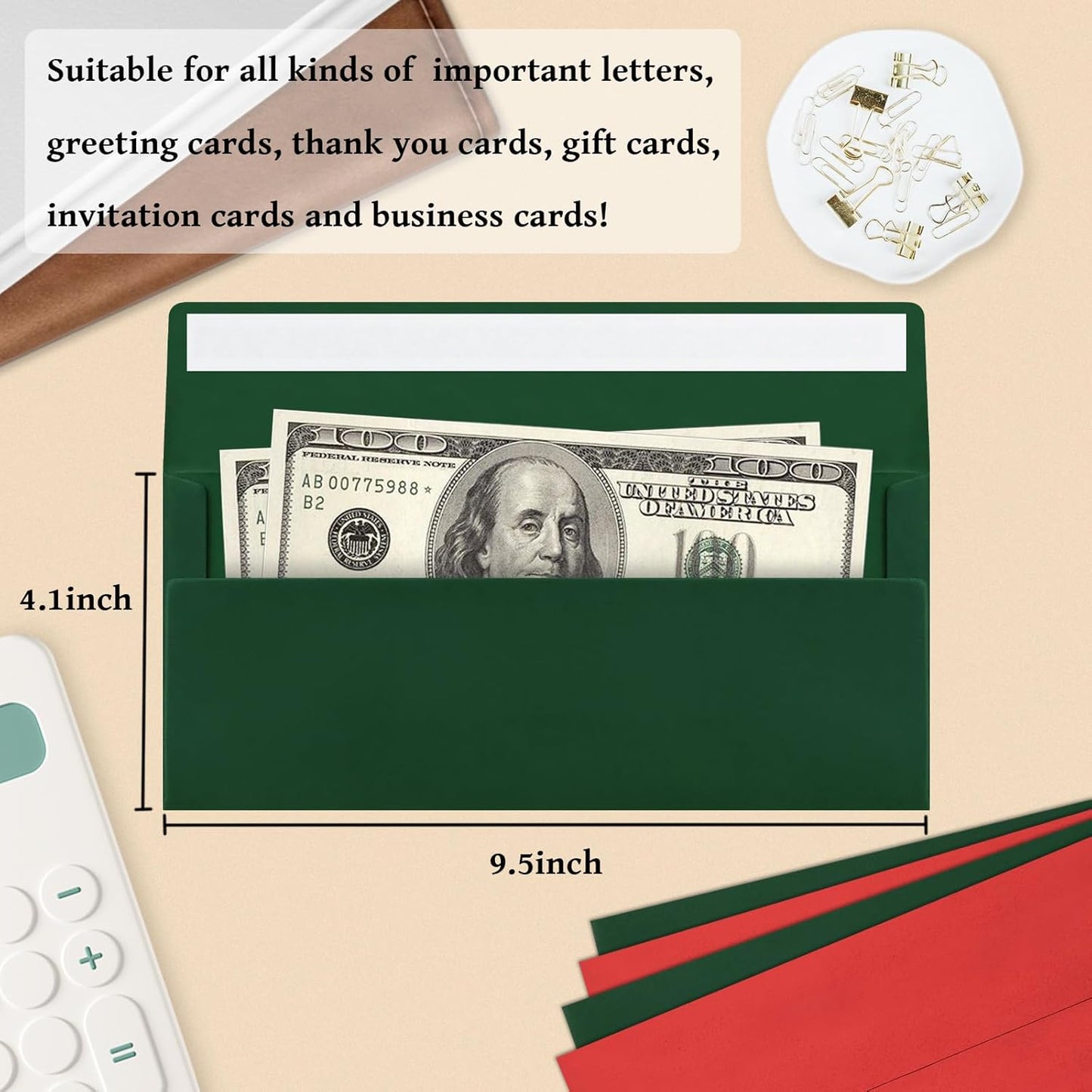 100 Pcs #10 Business Envelopes, 50 Pcs Red and 50 Pcs Dark Green Standard Envelopes Self Seal, Letter Size Mailing Envelopes for Christmas Birthday Graduation Wedding, 4 1/8 x 9 1/2 Inch