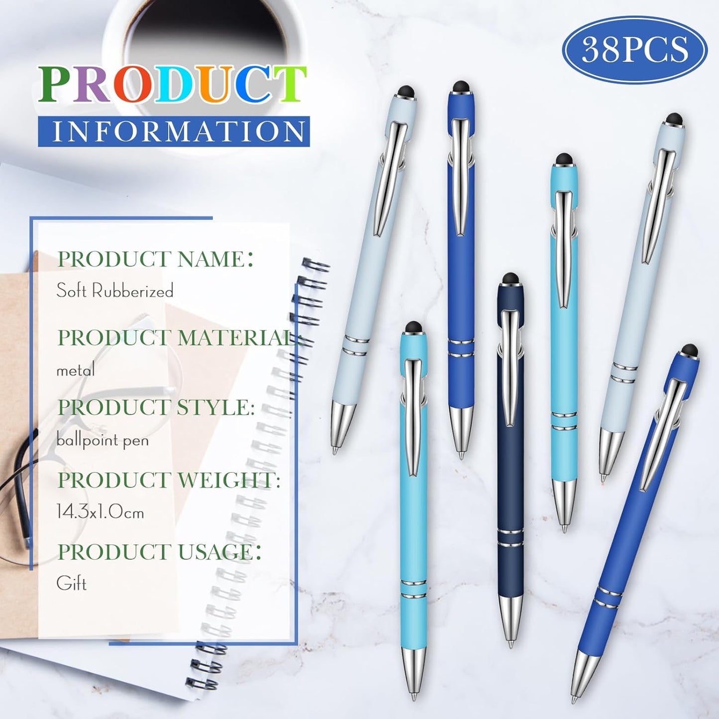 Zonon 38 Pieces Rubberized Ballpoint Pen with Stylus Tip Stylish Metal Pen Capacitive Styli with Soft Rubberized Grip, Black Ink for Most Devices (Blue Series)