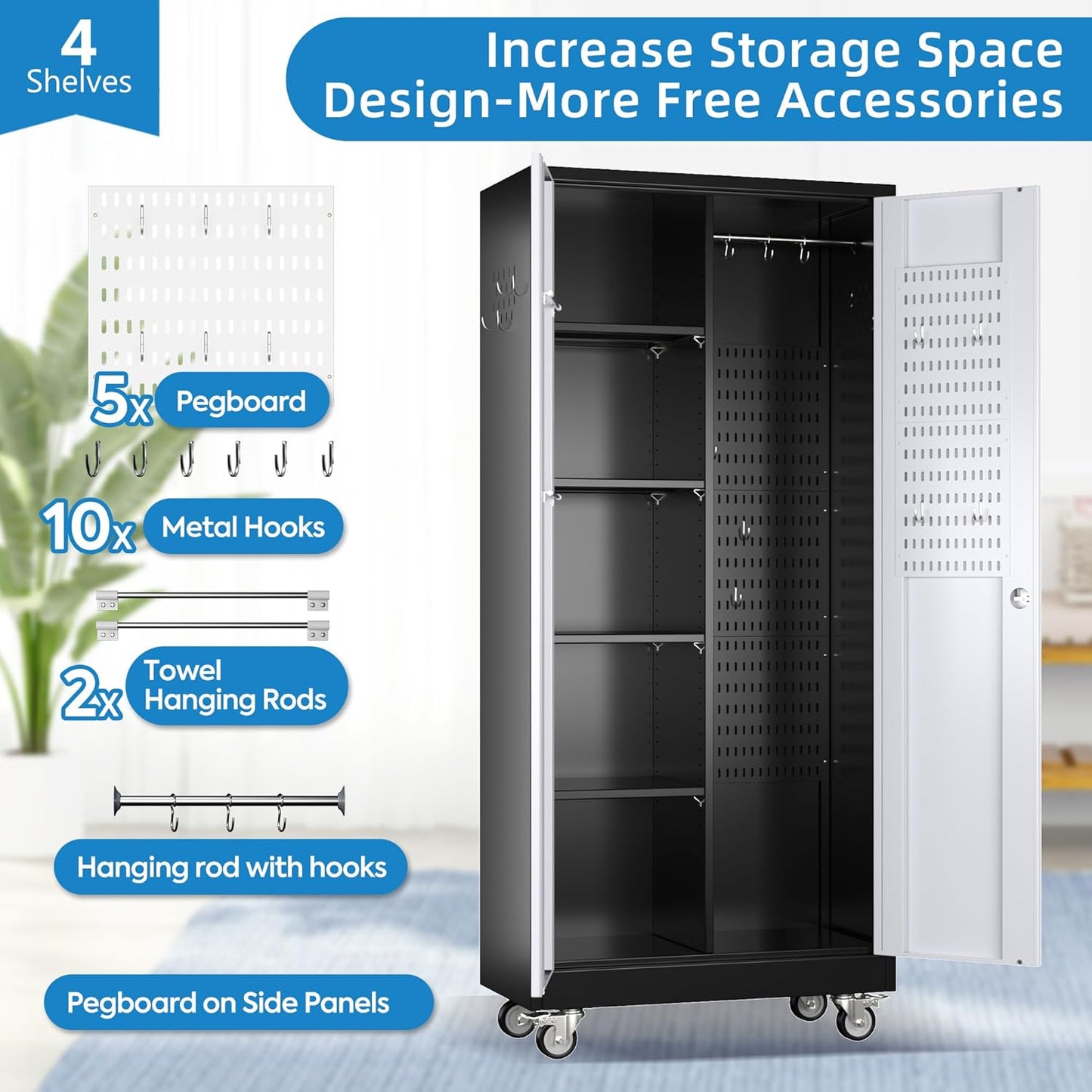 Garage Storage Cabinet with Wheels, Metal Tool Cabinet with Pegboards and 4 Adjustable Shelves, Garage Storage System with Lockable Door for Shools, Offices, Gyms and Pantries, Black and White