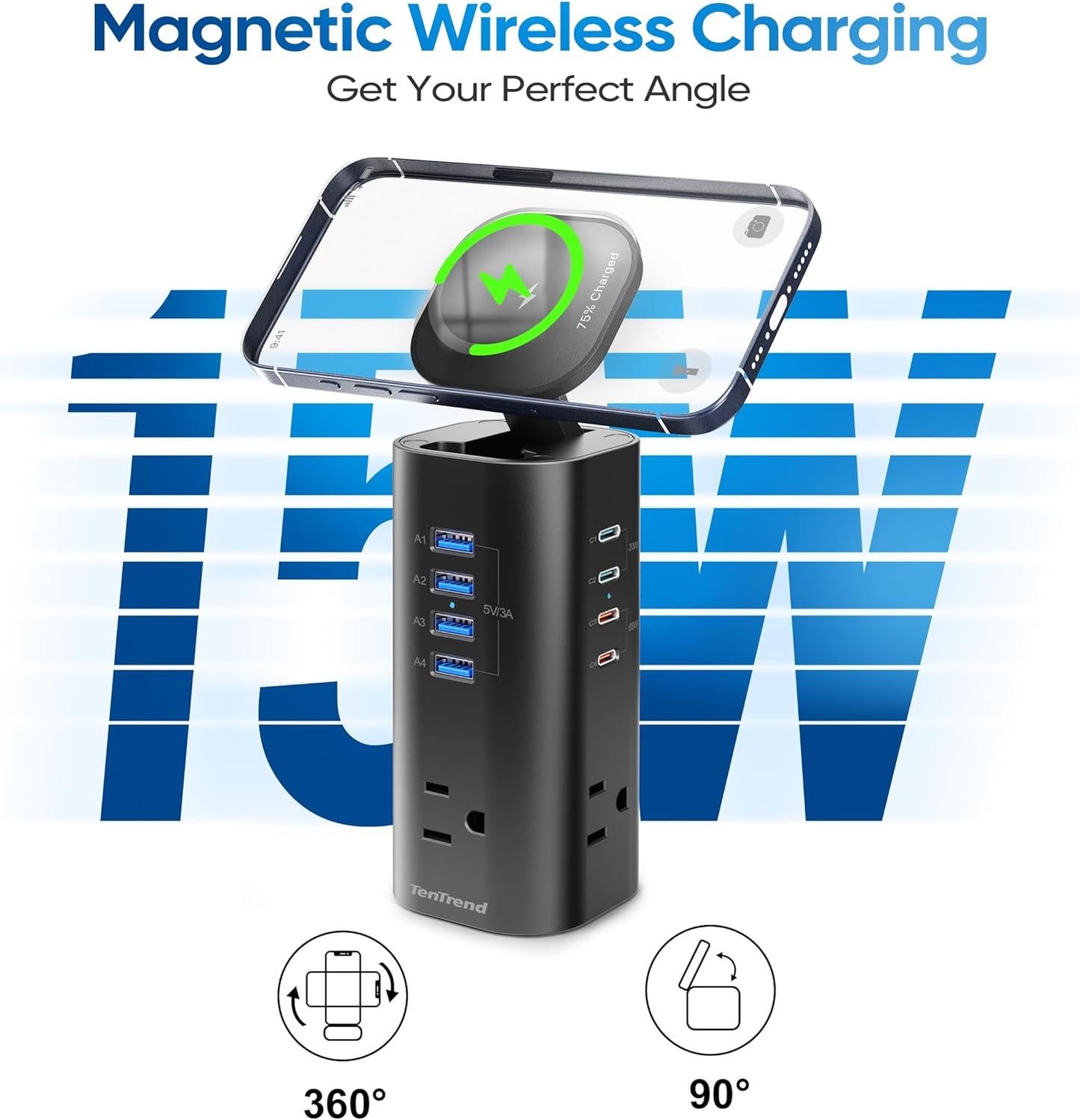 Flat Plug Surge Protector Tower, TenTrend Power Strip Tower with Surge Protection, 3 AC Outlets & 8 USB Ports, 5FT Extension Cord, 115W Total Fast Charging Station for Multiple Devices