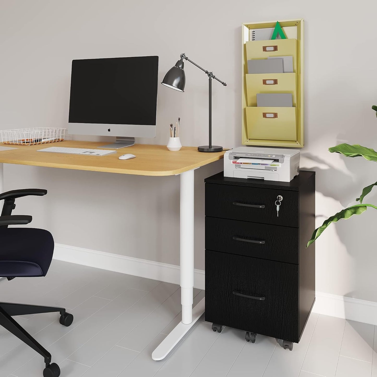 File Cabinet with Lock,3 Drawer Wood Rolling Filing Cabinets Under Desk for Home Office, Office Storage Cabinet fits Letter/A4 Size,Mobile Filing Cabinet Printer Stand,Black