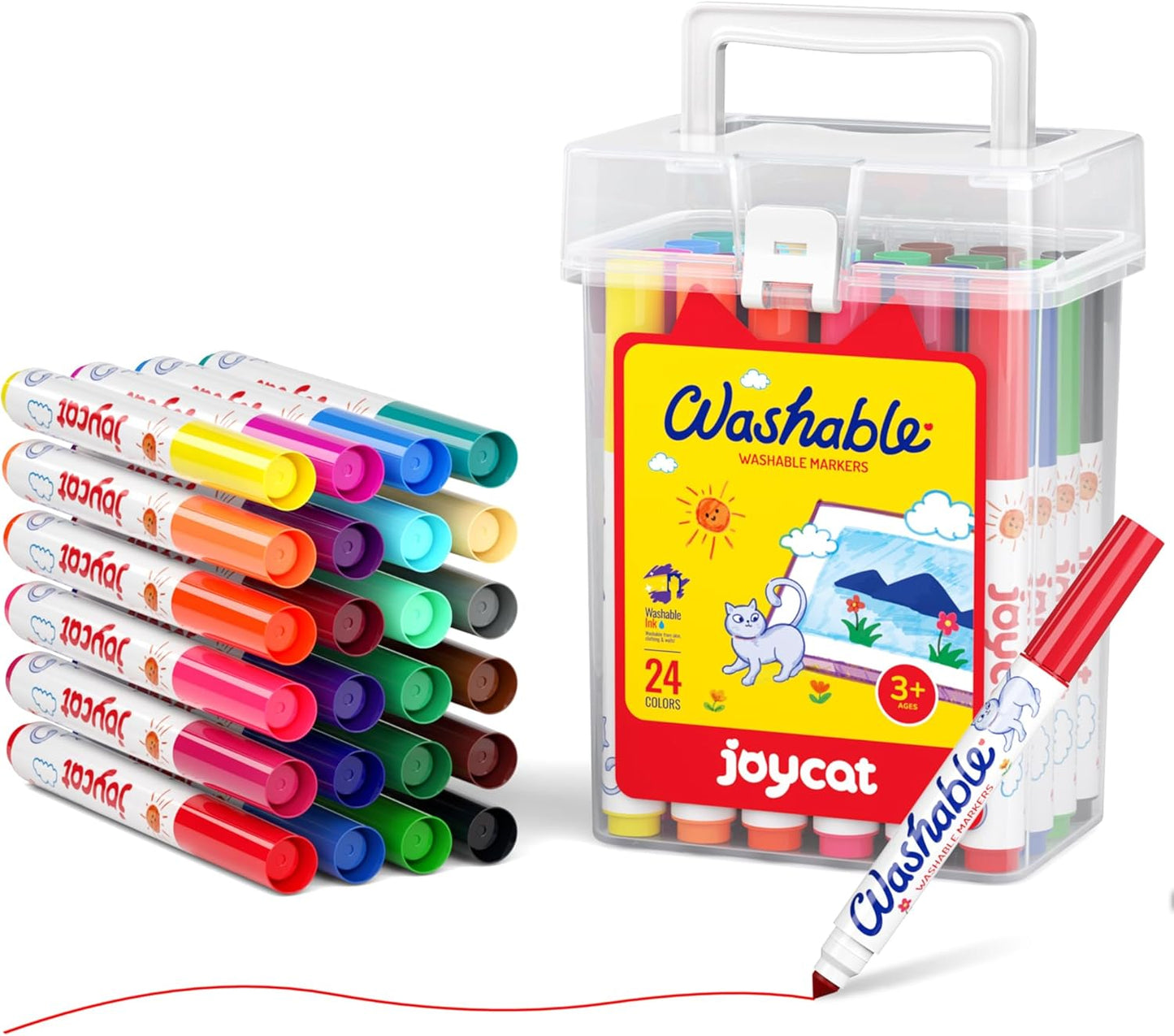 JoyCat 24 Count Washable Markers for Kids, 24 Colors Washable Markers Set with Carrying and Storage Case, Coloring Marker Bulk for Boys Girls, School Classroom Supplies
