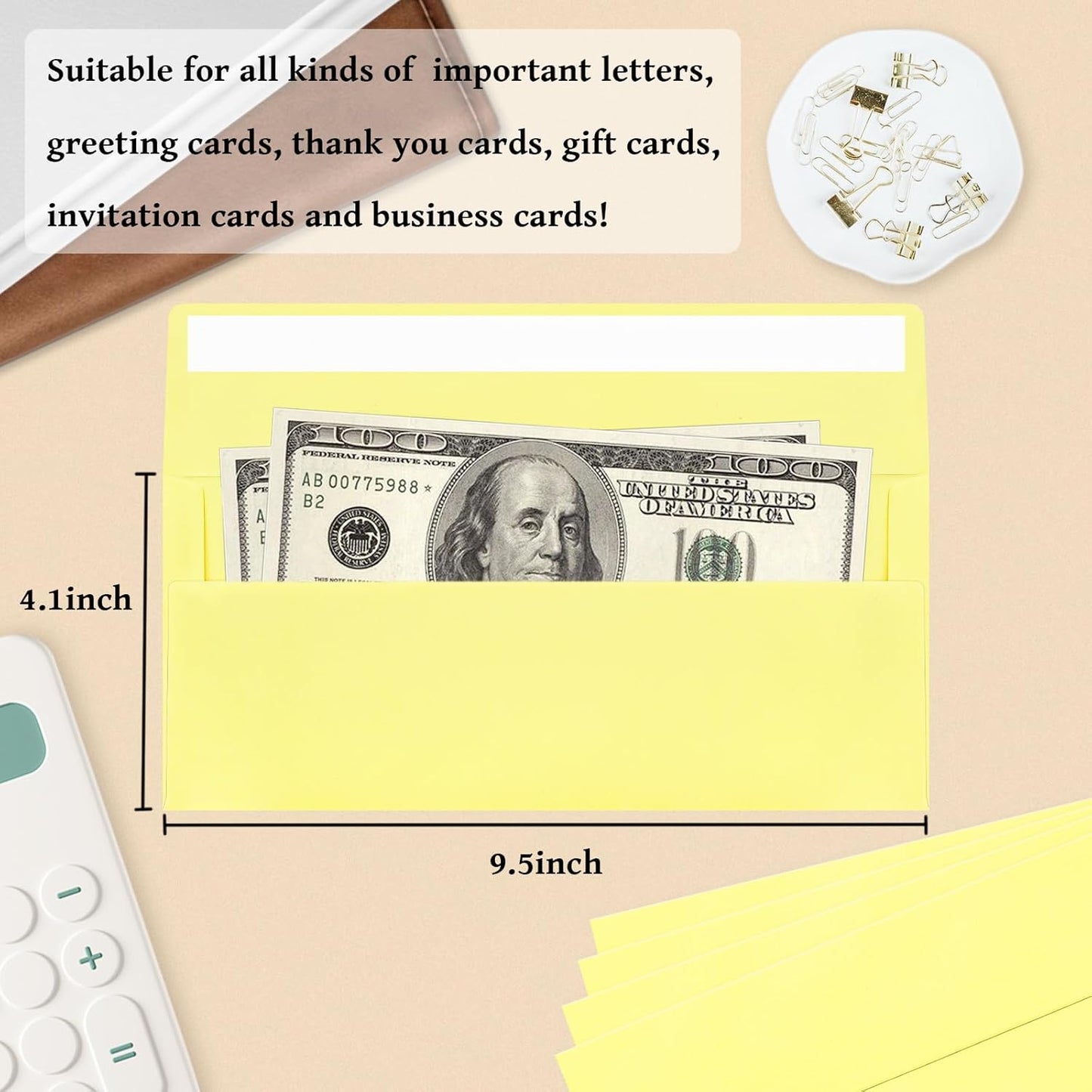 100 Pack #10 Business Envelopes, Light Yellow Standard Envelopes Self Seal, Letter Size Mailing Envelopes for Checks Letters Invoices Christmas Birthday Graduation Wedding, 4 1/8 x 9 1/2 Inch