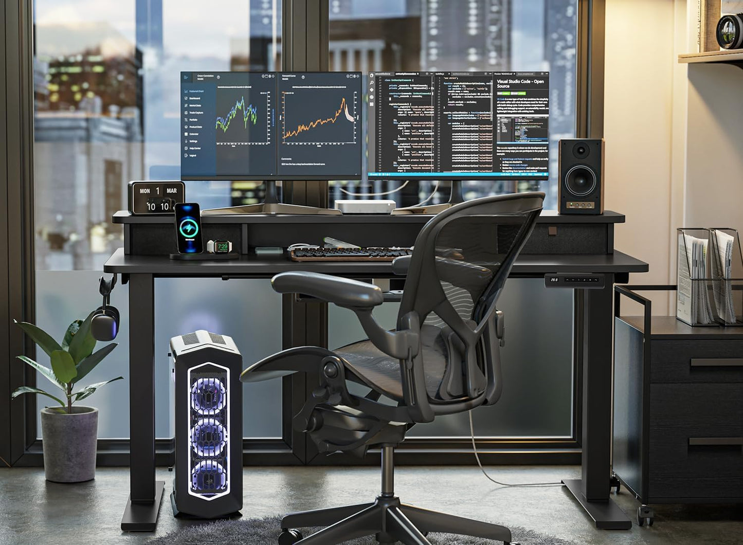 FEZIBO 40 x 24 Inch Height Adjustable Electric Standing Desk with Double Drawer, Computer Desk, Home Office Stand Up Table with 4 Height-Adjustable Feets & 2 Hooks, Black