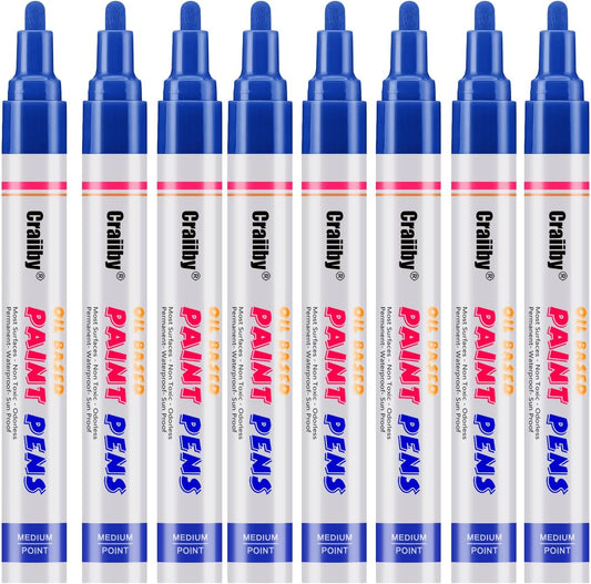 Blue Paint Markers, 8 Pack Oil-Based Waterproof Quick Dry Permanent Paint Pen Set for Rocks Painting, Wood, Fabric, Plastic, Canvas, Glass, Mugs, Metal, Tire, Stone, DIY Craft