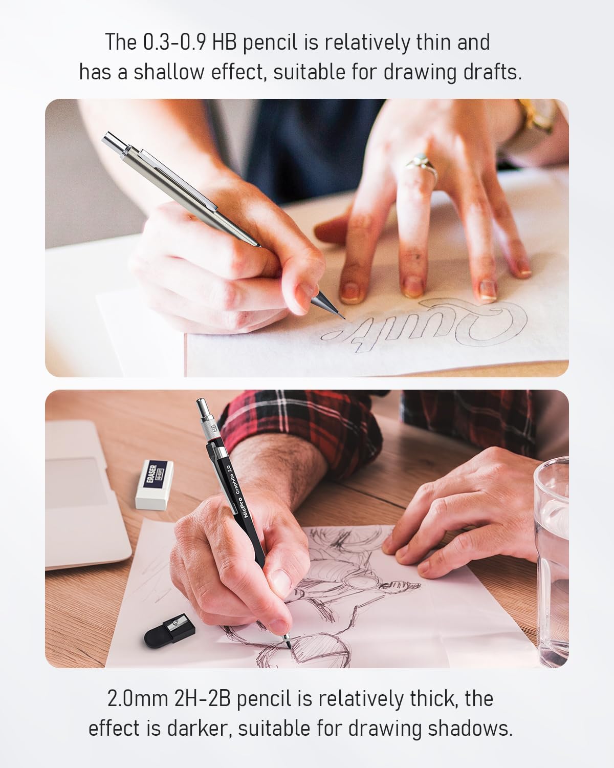 Nicpro 37PCS Art Mechanical Pencil Set, 4PCS Metal Drafting Pencil 0.3mm, 0.5 mm, 0.7 mm, 0.9 mm & 2PCS 2mm Lead Holder (6B 4B 2B HB 2H 4H Colors) For Sketching Drawing With 23 Tube Lead Refills Case