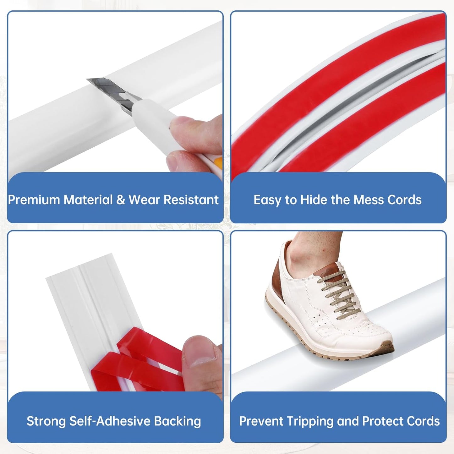 Floor Cord Cover Self Adhesive Cord Hider Floor Extension Cord Covers for Floor Power Cord Protector Cable Management Prevent Cable Trips Cable Cavity 0.47" W x 0.27" H (White, 3.3Ft)