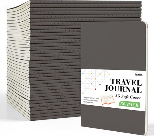feela 36 Pack Soft Cover Journal Bulk, Lined Blank Travel Journal for Women Men Writing, Notebooks College Ruled for Work, Note Taking Notebook School Business Supplies, 8.2” x 5.5”, A5, Gray