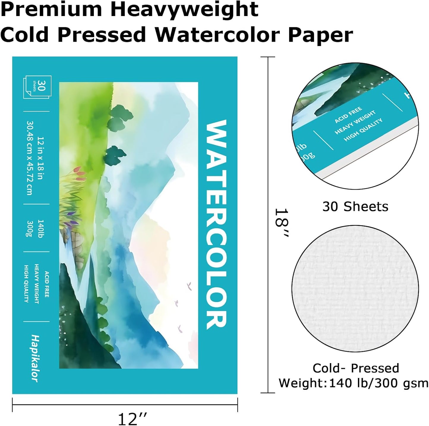 Hapikalor 12"x18" Large Watercolor Paper Pad, 1-Pack 30 Sheets 140lb/300gsm Artist Large Sketchbook Drawing Paper Book, Art Supplies for Adults Kids, Watercolors, Watercolor Paint Set, Sketchbook,Teal