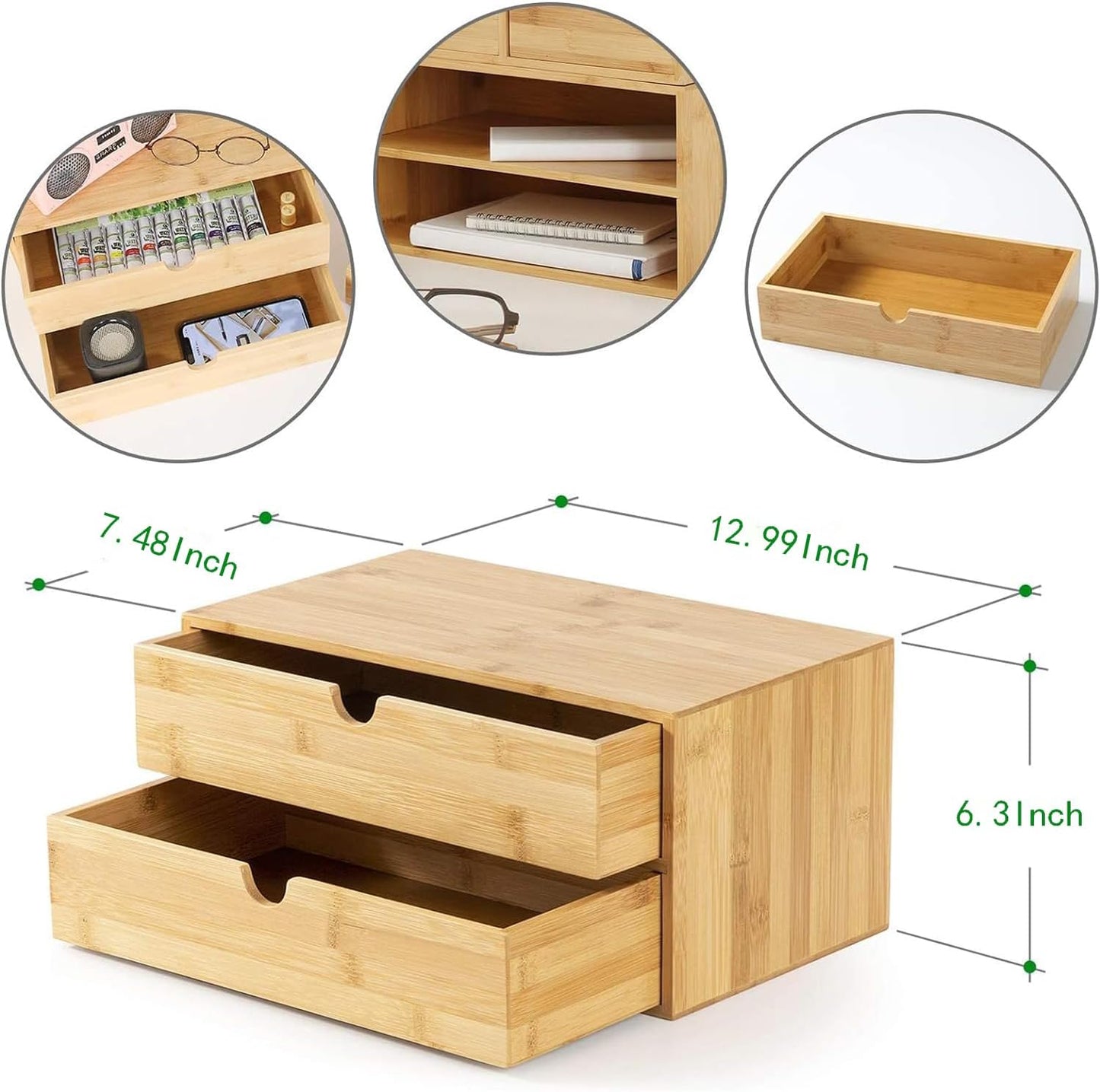 Bamboo Desk Drawer Organizer, 2 Drawer Desktop Organizer with Drawers Tabletop Storage Organization Box for Office Home Toiletries Supplies Vanity, No Assembly Required