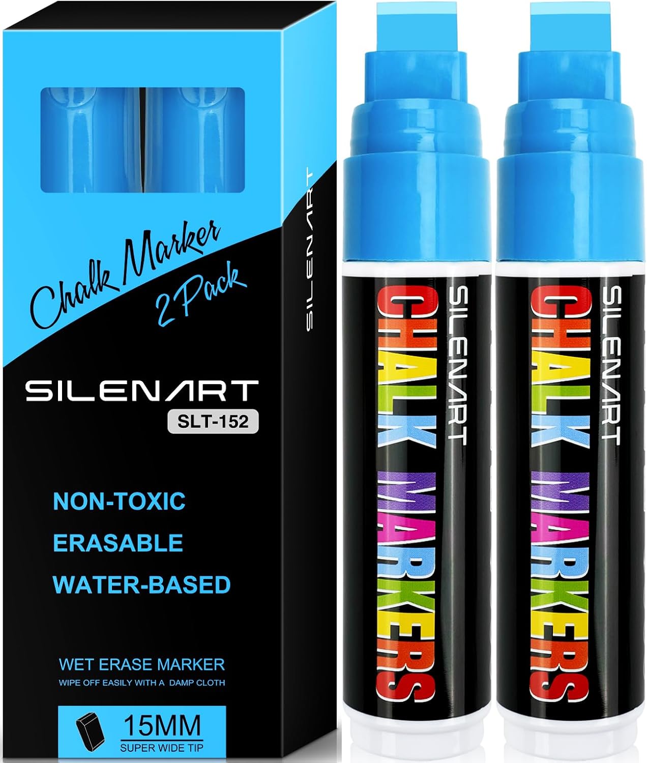 SILENART Blue Chalk Markers Jumbo Tip - 15mm Thick Tip Car Marker - Wide Window Chalk Pen for Chalkboard, Window, Glass, Mirror, Blackboard