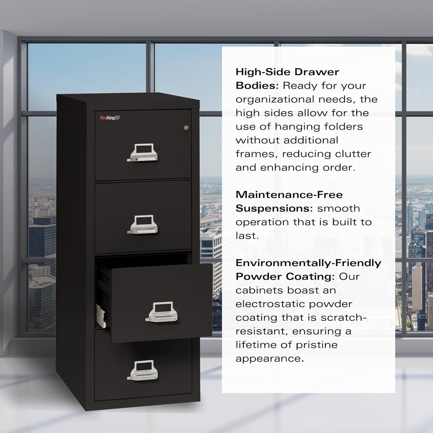 FireKing Fireproof Vertical File Cabinet (4 Letter Sized Drawers, Impact Resistant, Waterproof), 52.25" H Black, 18 W x 25 D, (41825CBL)