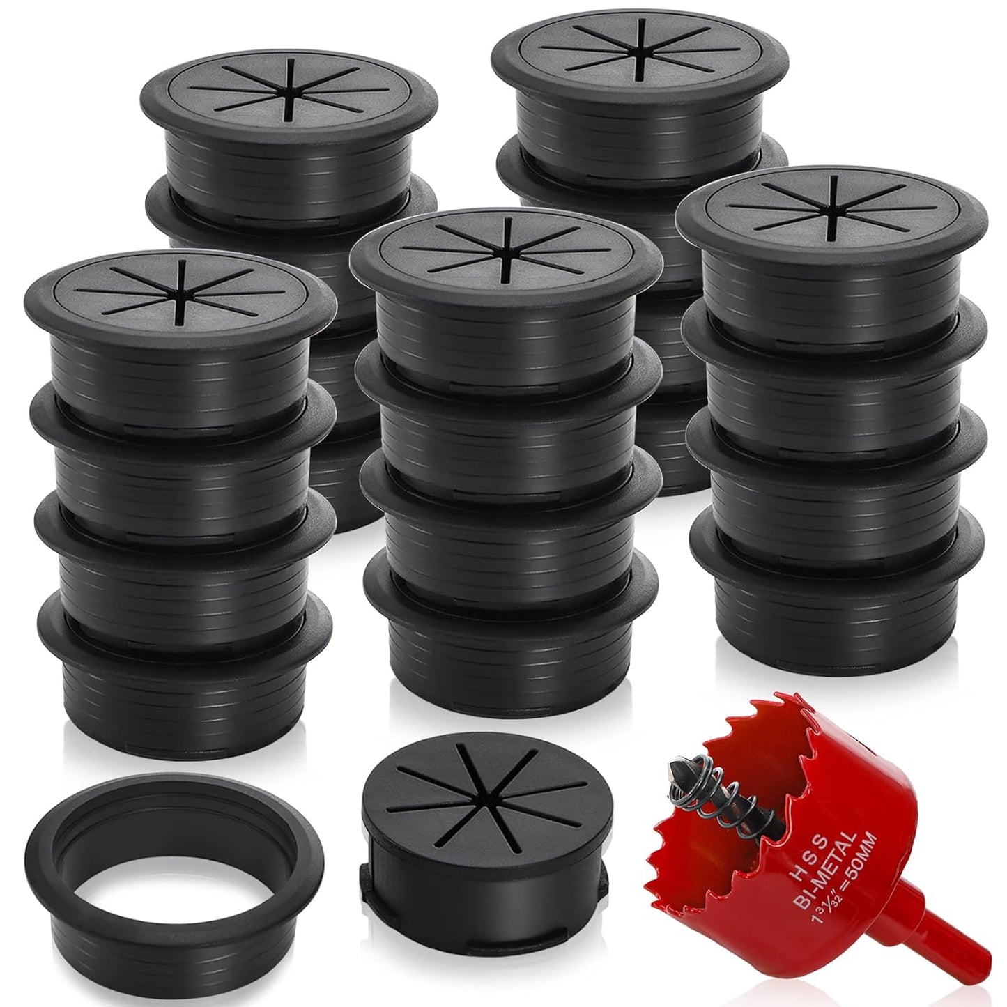 20 Pack Desk Grommet with Hole Saw, 2 Inch Desk Cable Hole Cover with Built-in Hole Saw, Wire Cord Cable Grommet for Home Office, Black