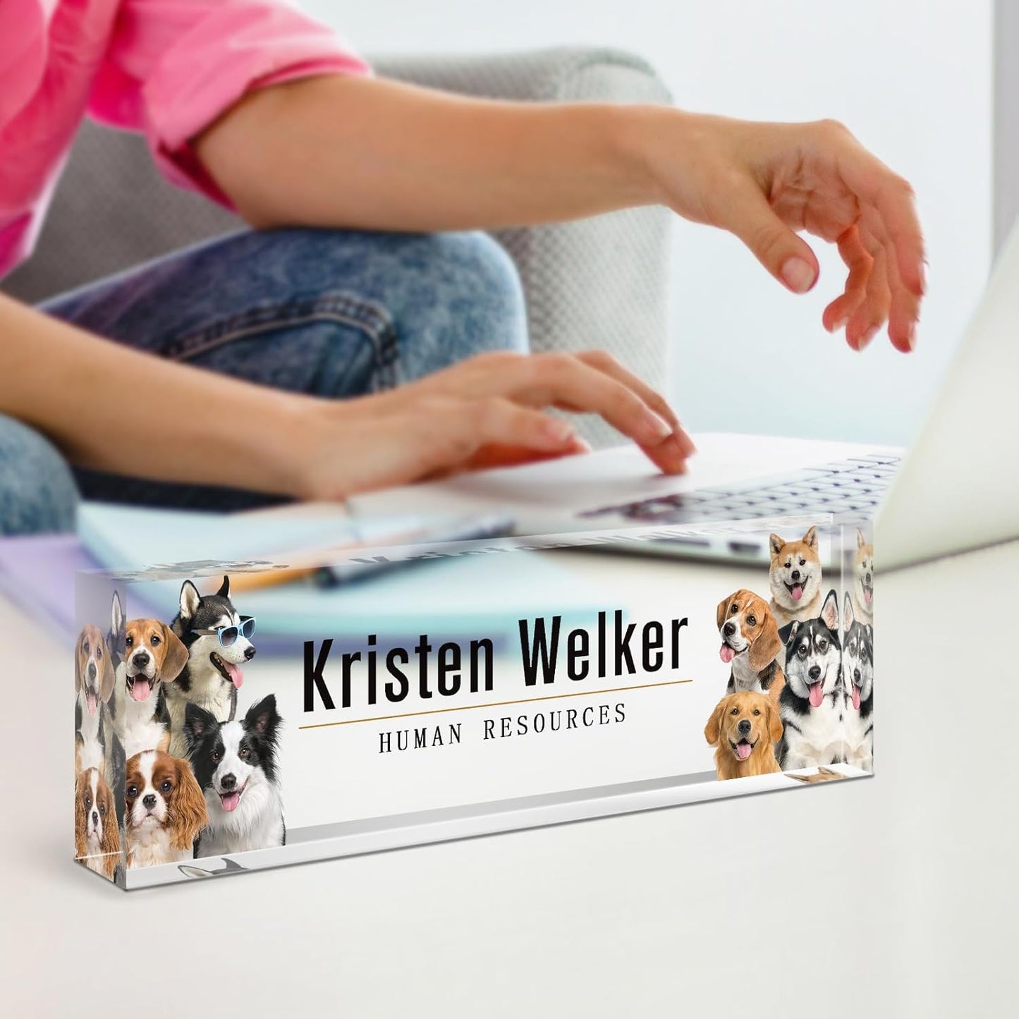 Gowellly Office Desk Name Plate Personalized - Custom Acrylic Name Plates for Desk - Employee Appreciation Gifts - Office Gifts for Teacher,Boss,Nurse,Lawyer,Women Office (Pet-Dog-2)