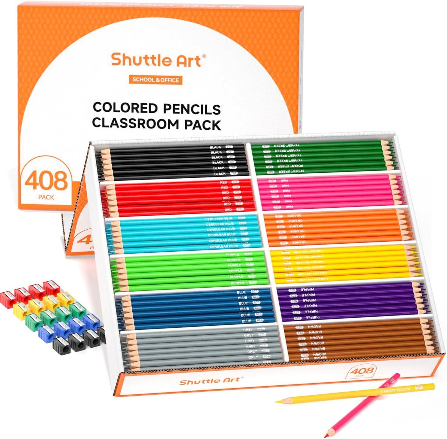 Shuttle Art Colored Pencils Bulk, 408 Pack Coloring Pencil Set Plus 20 Sharpeners, 12 Assorted Colors, Classroom Pack School Supplies