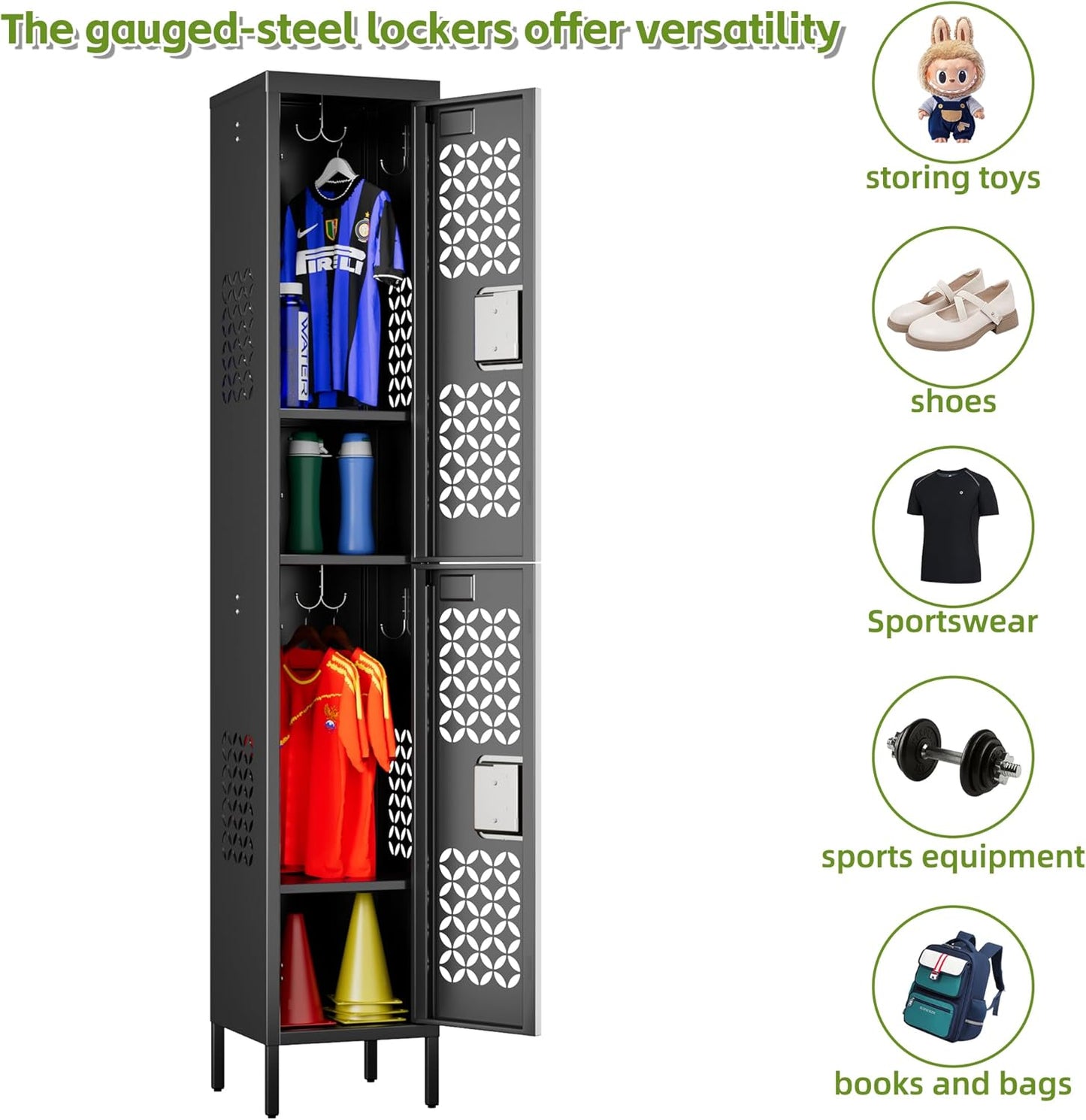 2 Doors Metal Locker with Adjustable Shelves and 6 Hooks,Metal Lockers for Employees for Gym,School,Office,Home,Garage,Assembly Required,Black