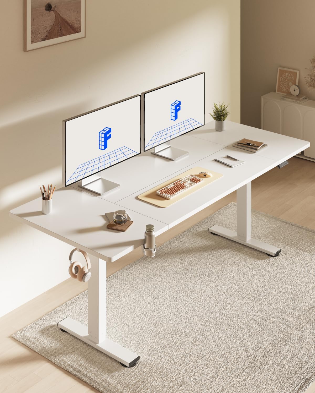 FLEXISPOT 71 x 32 Inch Large Standing Desk, Stand Up Desk with Splice Board, Rising Desks for Home Office, Office Desk with Cup Holder and Headphone Hook (White Frame + White Top, 2 Packages)